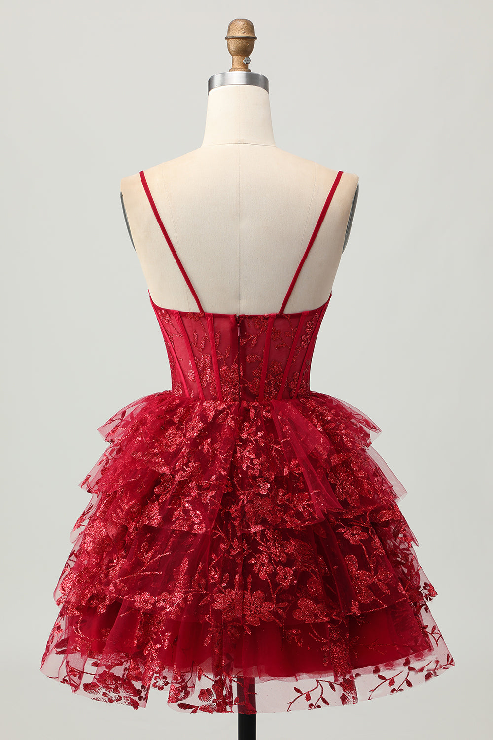 Sparkly Dark Red Tiered A Line Short Corset Homecoming Dress with Lace
