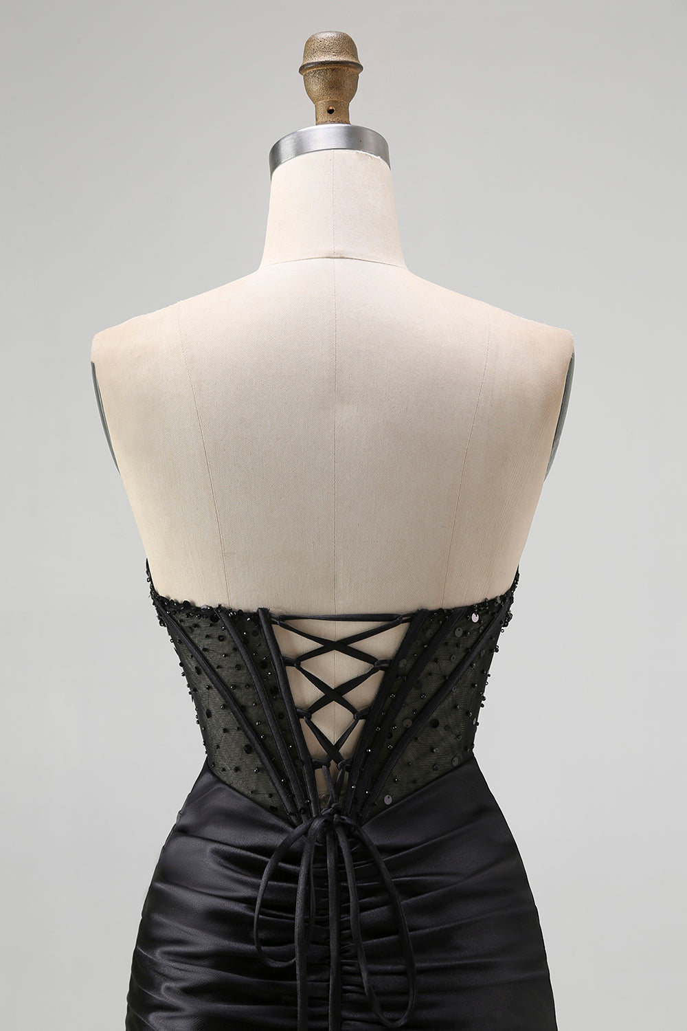 Sparkly Black Satin Mermaid Sweetheart Beaded Long Corset Formal Dress with Slit