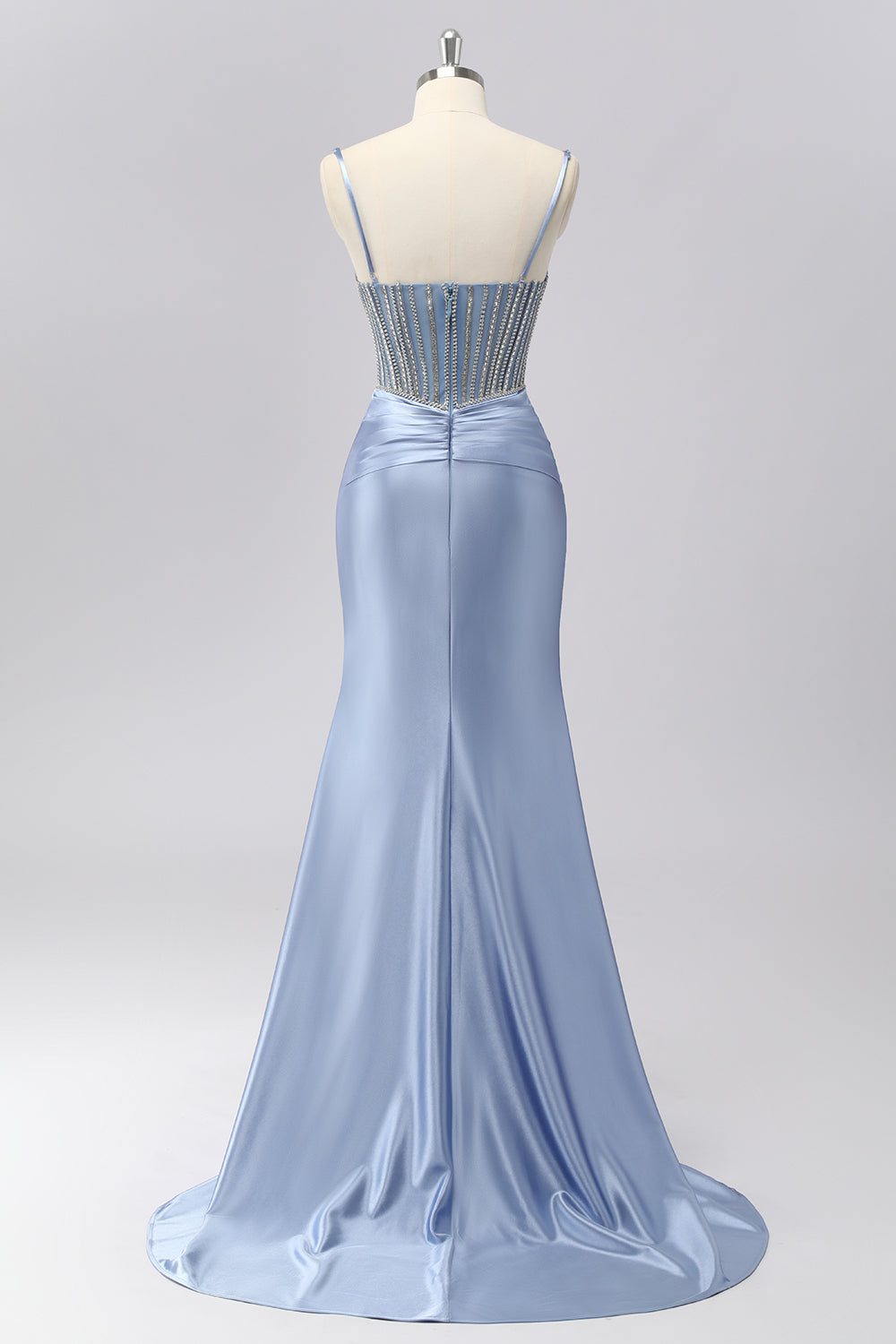 Sparkly Grey Blue Satin Spaghetti Straps Mermaid Long Corset Formal Dress with Beading