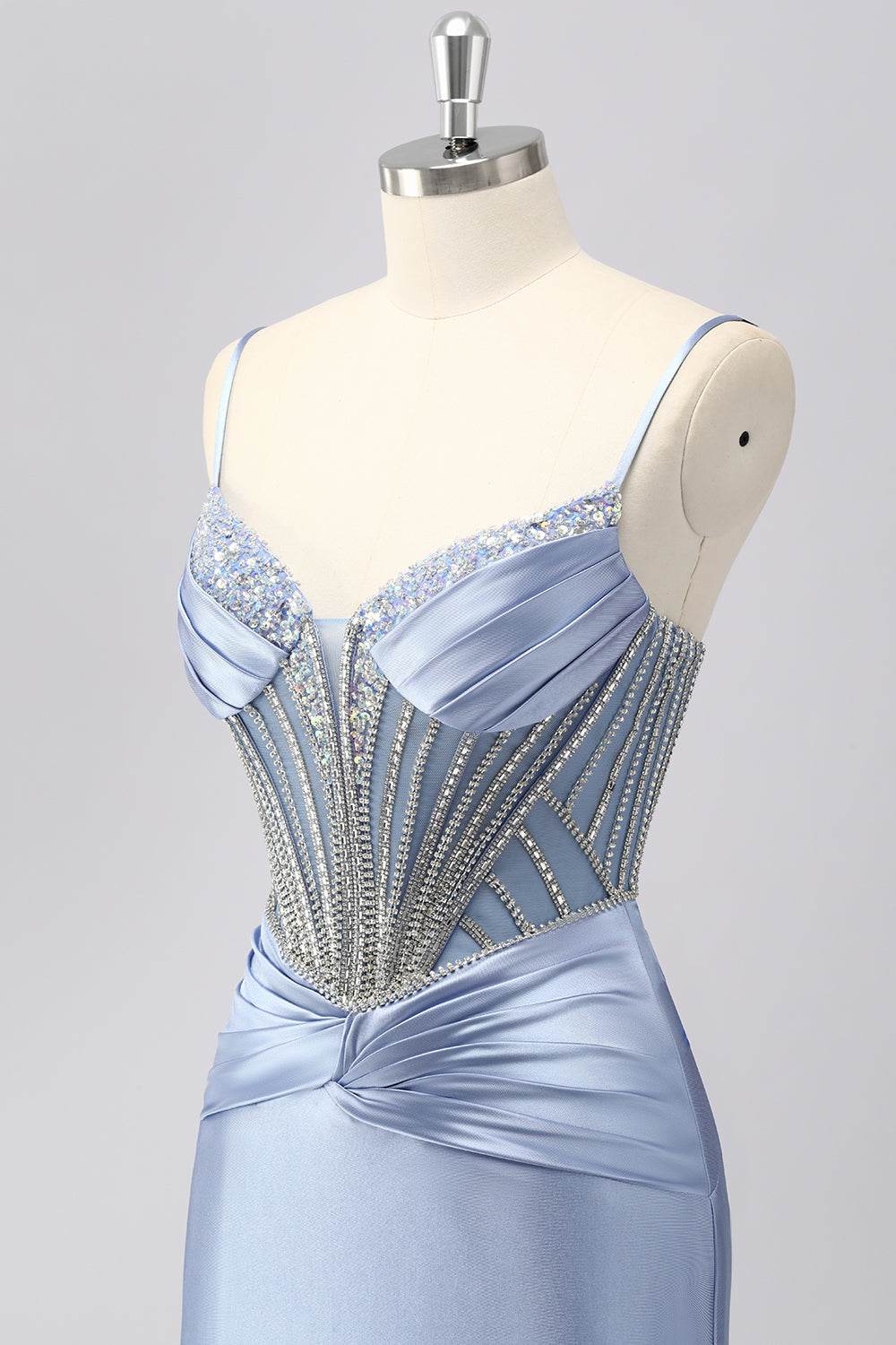 Sparkly Grey Blue Satin Spaghetti Straps Mermaid Long Corset Formal Dress with Beading