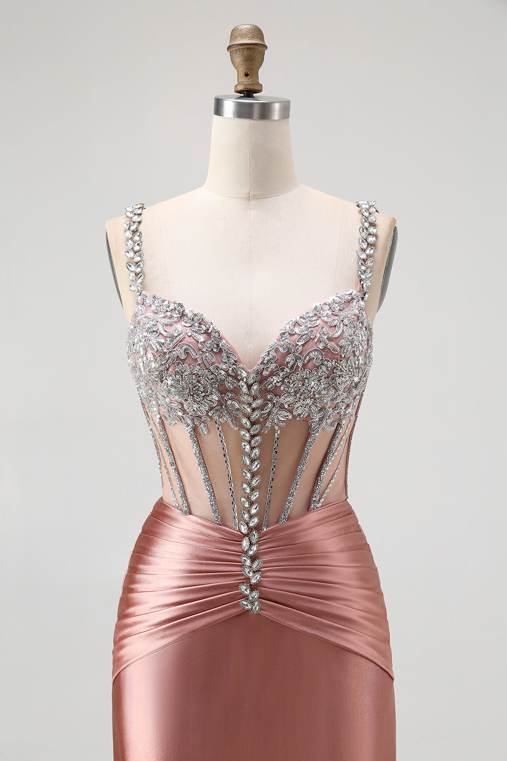 Sparkly Blush Mermaid Spaghetti Straps Satin Beaded Long Corset Formal Dress