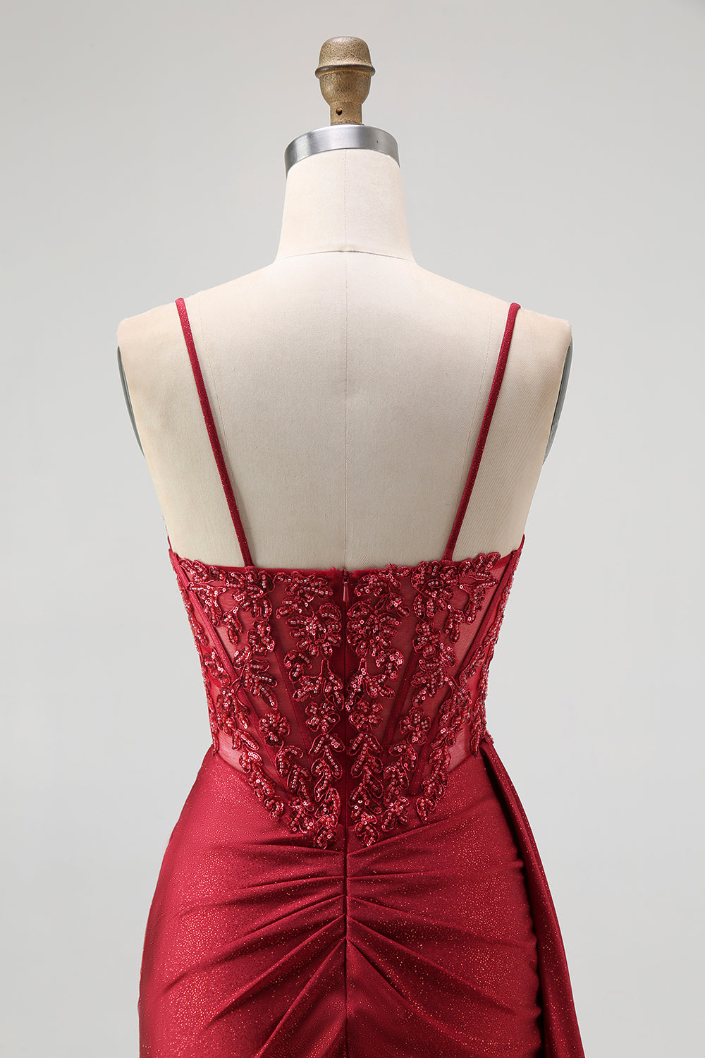Sparkly Burgundy Mermaid Satin Spaghetti Straps Long Corset Formal Dress with Beading