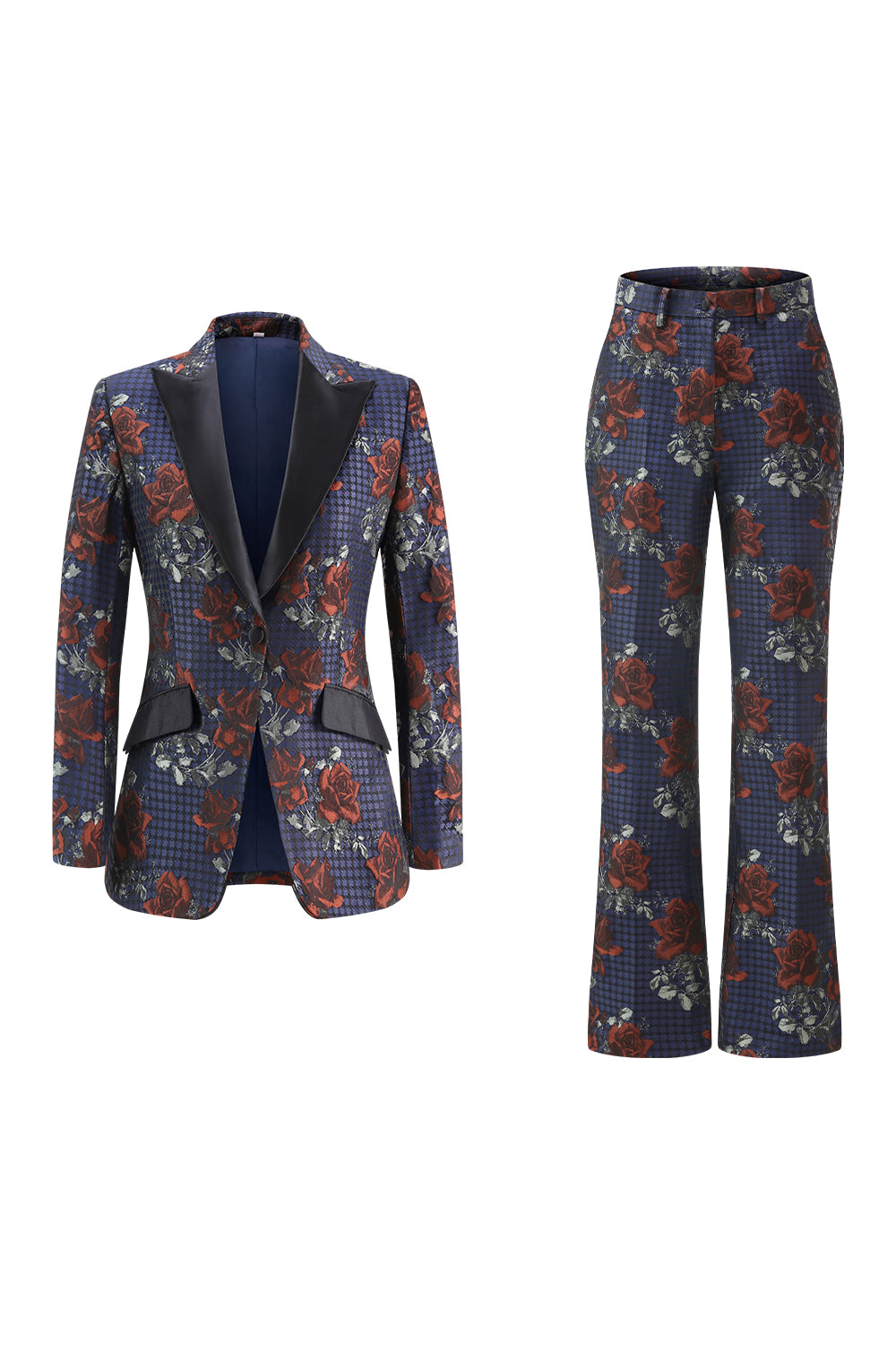 Floral Blue Red 2 Piece One Button Peak Lapel Women Prom Suits