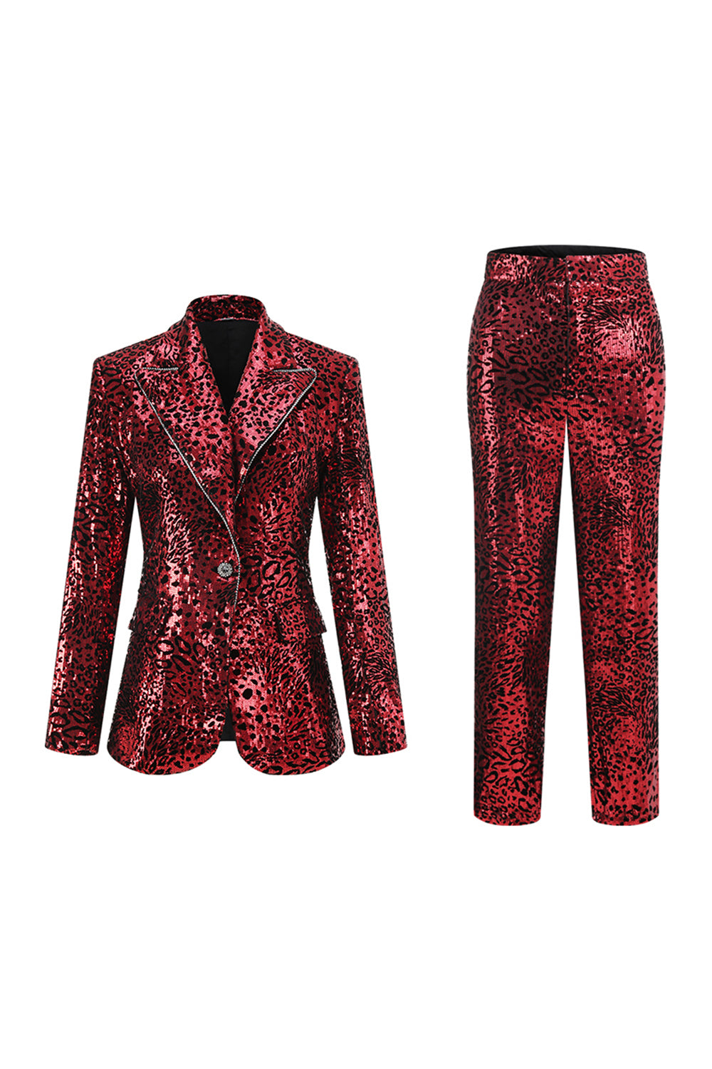 Sparkly Red Leopard 2 Piece Sequin Peak Lapel Women Prom Suits