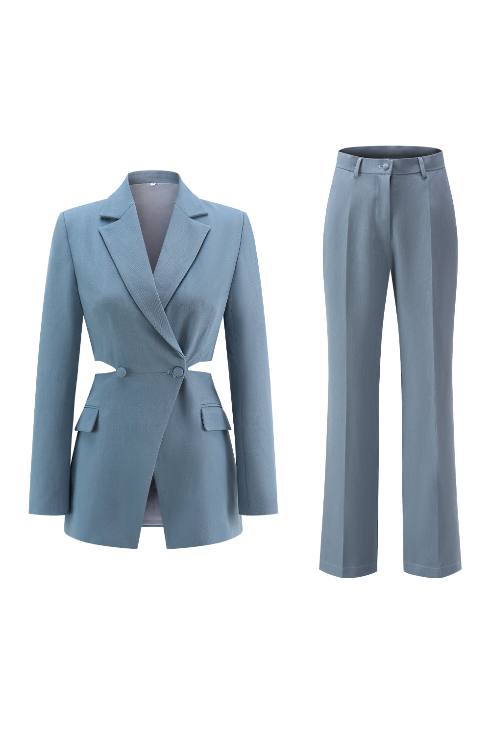 Grey Blue 2 Piece Notched Lapel  Cut Out Women Prom Suits