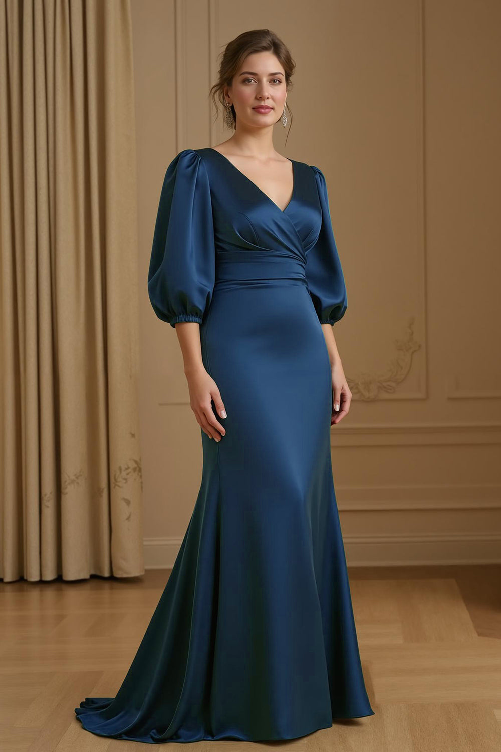 Elegant Navy Mermaid V-Neck Long Satin Wedding Guest Dress with Sleeves