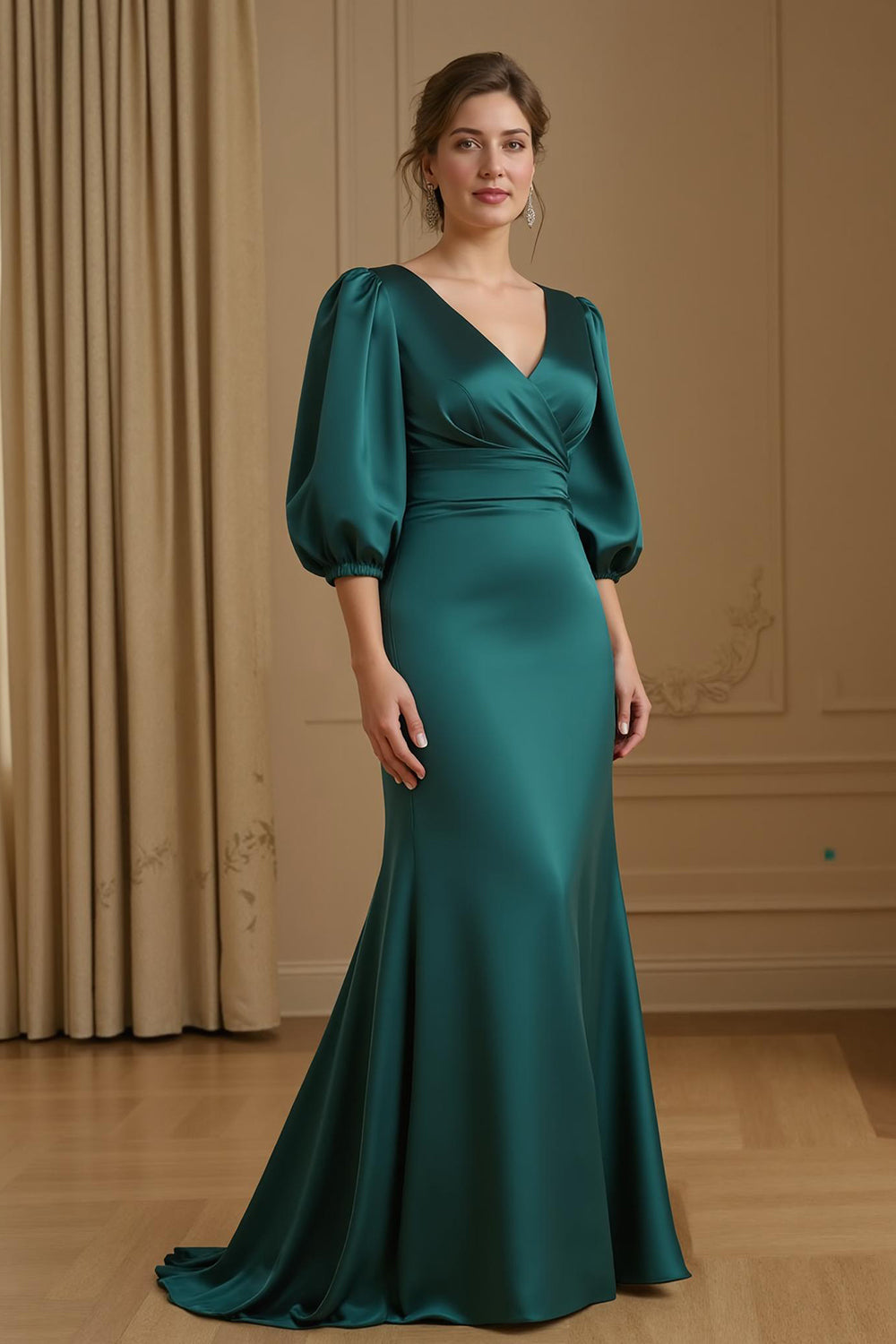 Elegant Navy Mermaid V-Neck Long Satin Wedding Guest Dress with Sleeves