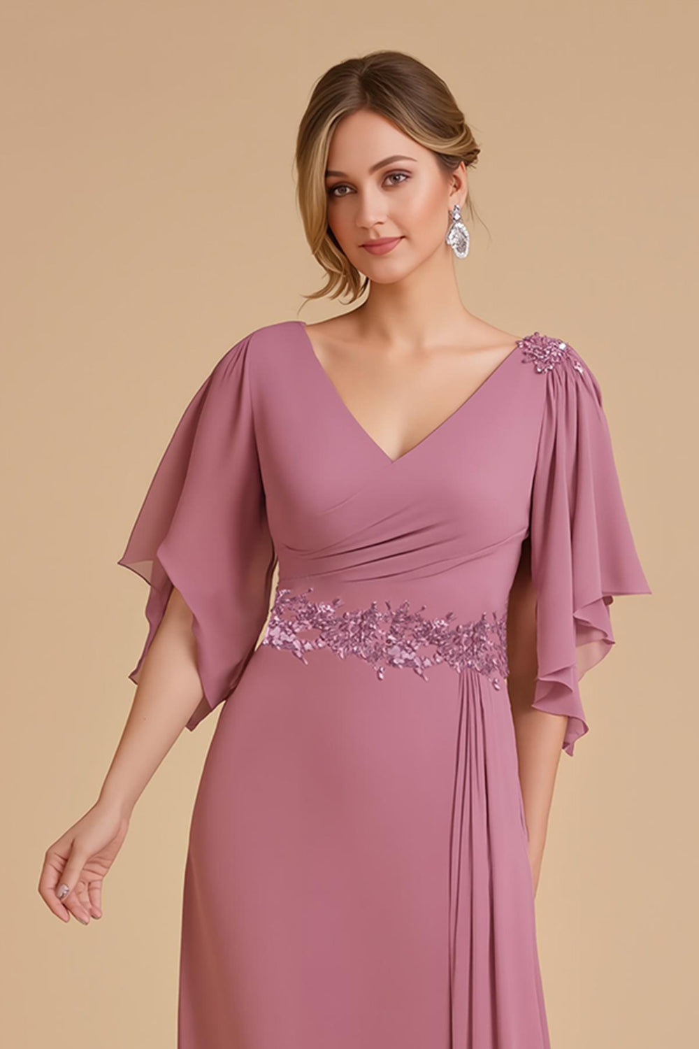 Dusty Rose Chiffon Long Sheath Wedding Guest Dress with Ruffles