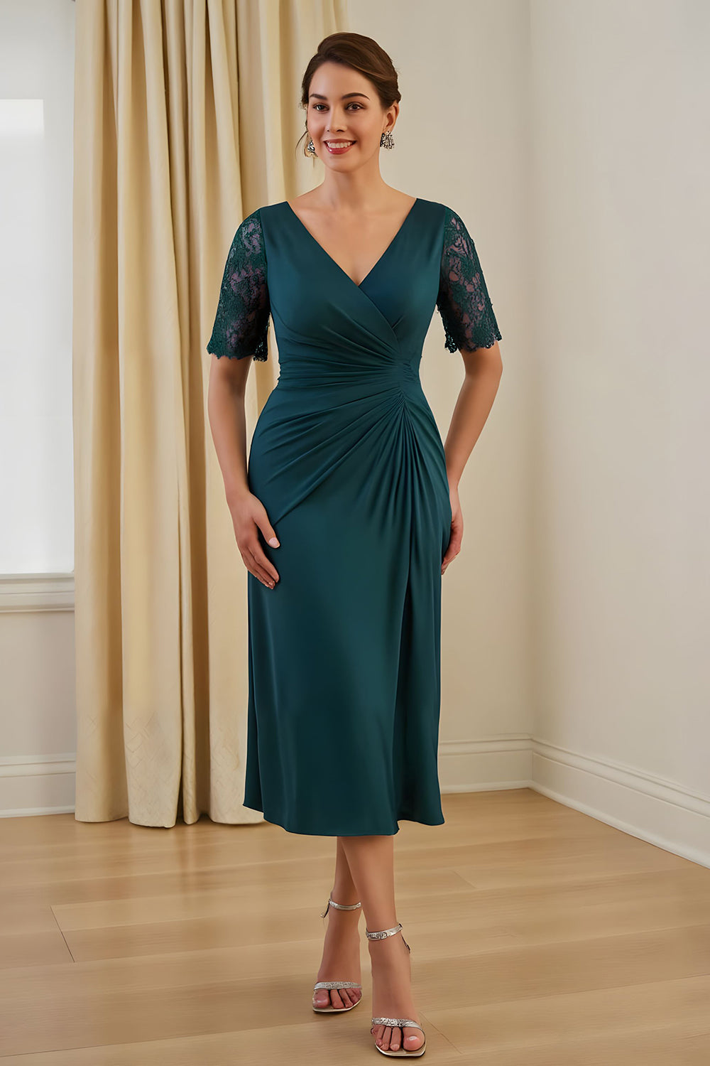Pine Sheath V-Neck Ruched Midi Wedding Guest Dress with Sleeves