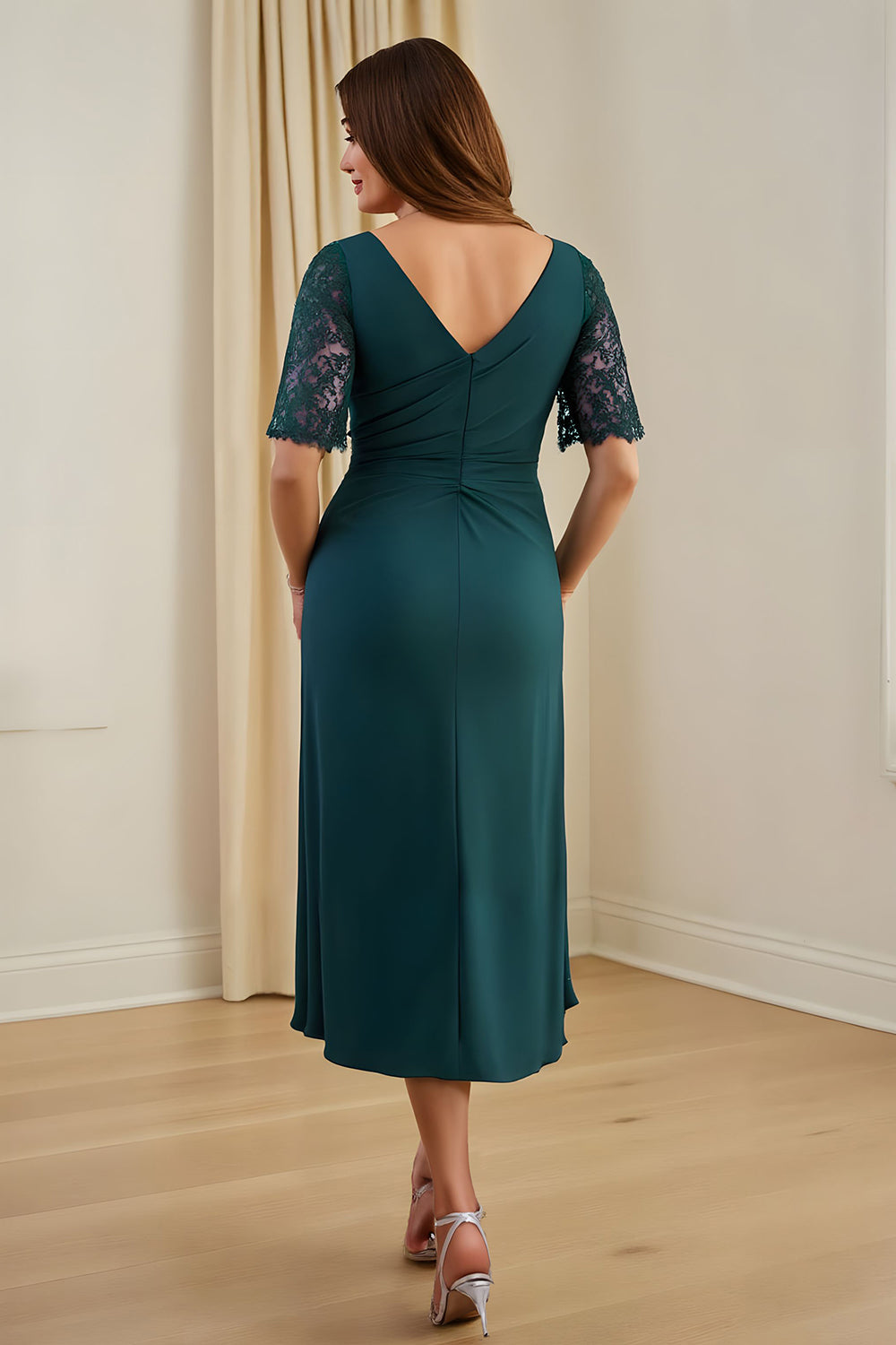 Pine Sheath V-Neck Ruched Midi Wedding Guest Dress with Sleeves