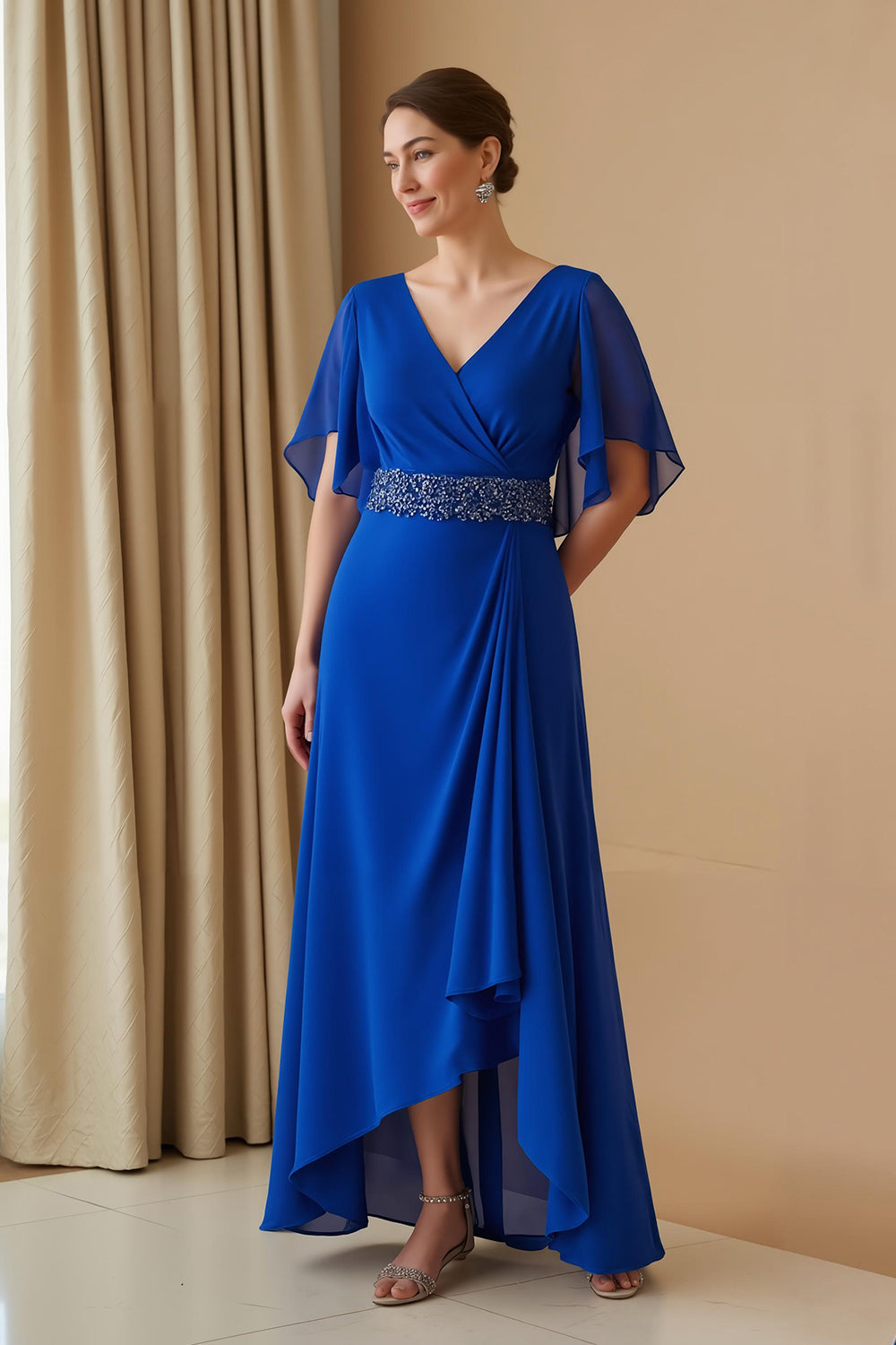 Royal Blue V-Neck Long Chiffon Wedding Guest Dress with Beading