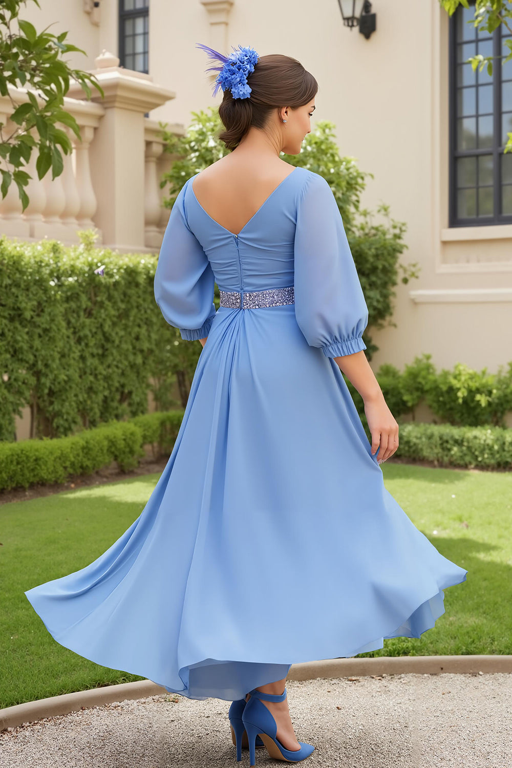 Blue Chiffon A Line V-Neck Long Wedding Guest Dress with Beading