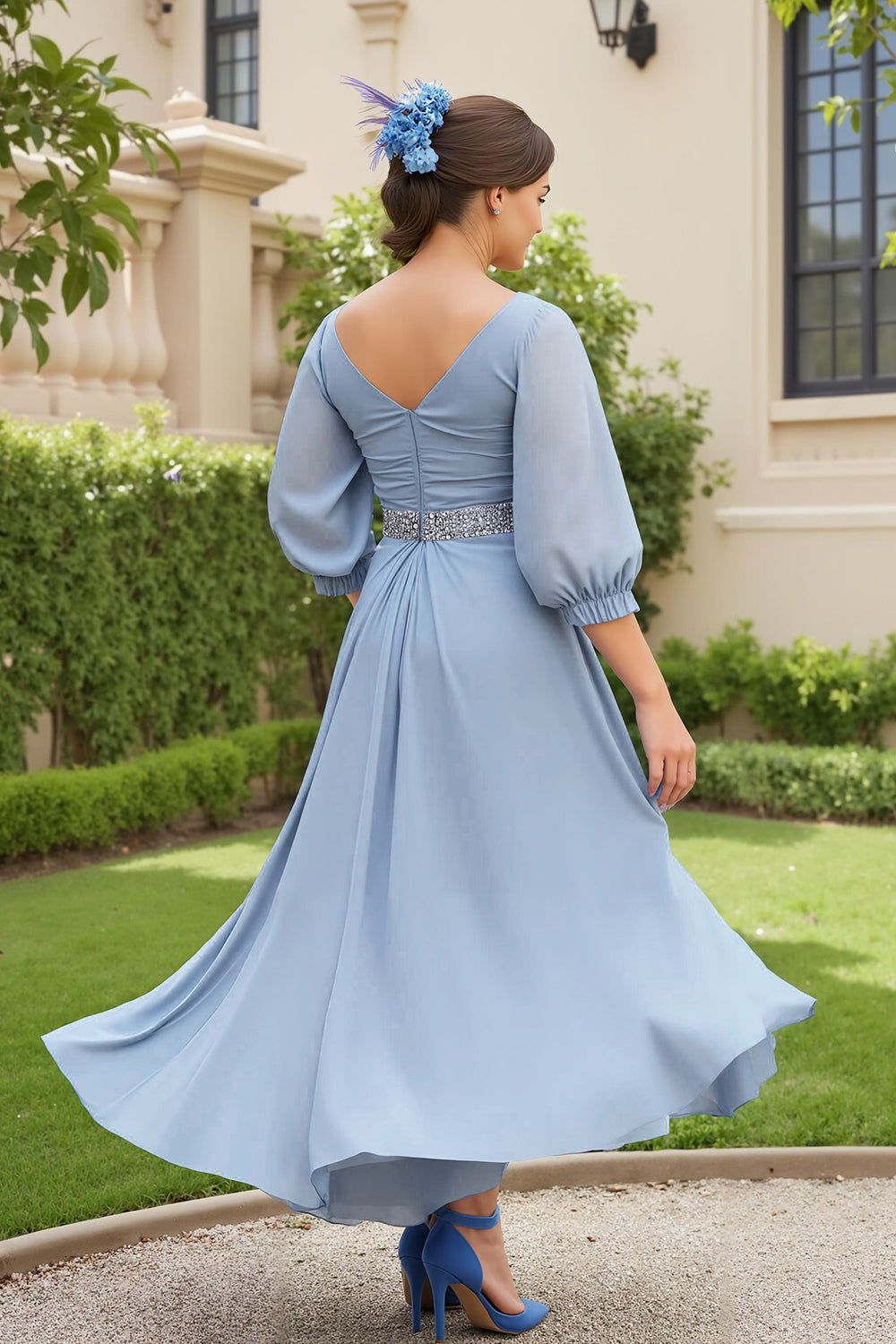 Blue Chiffon A Line V-Neck Long Wedding Guest Dress with Beading