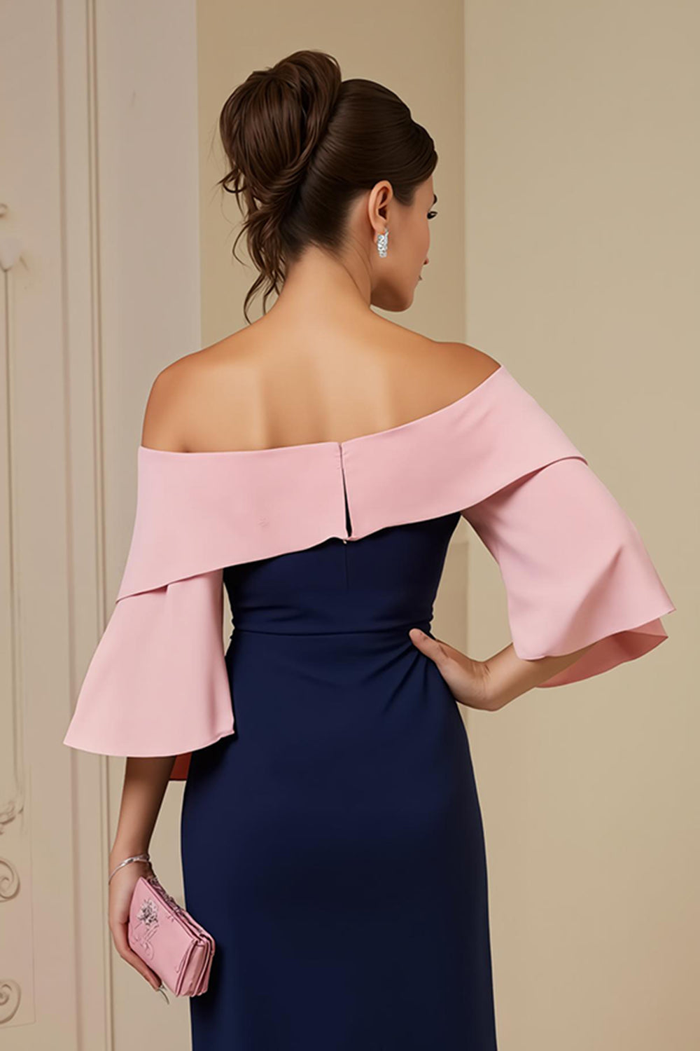Navy Sheath Satin Off the Shoulder Appliqued Midi Wedding Guest Dress with Slit