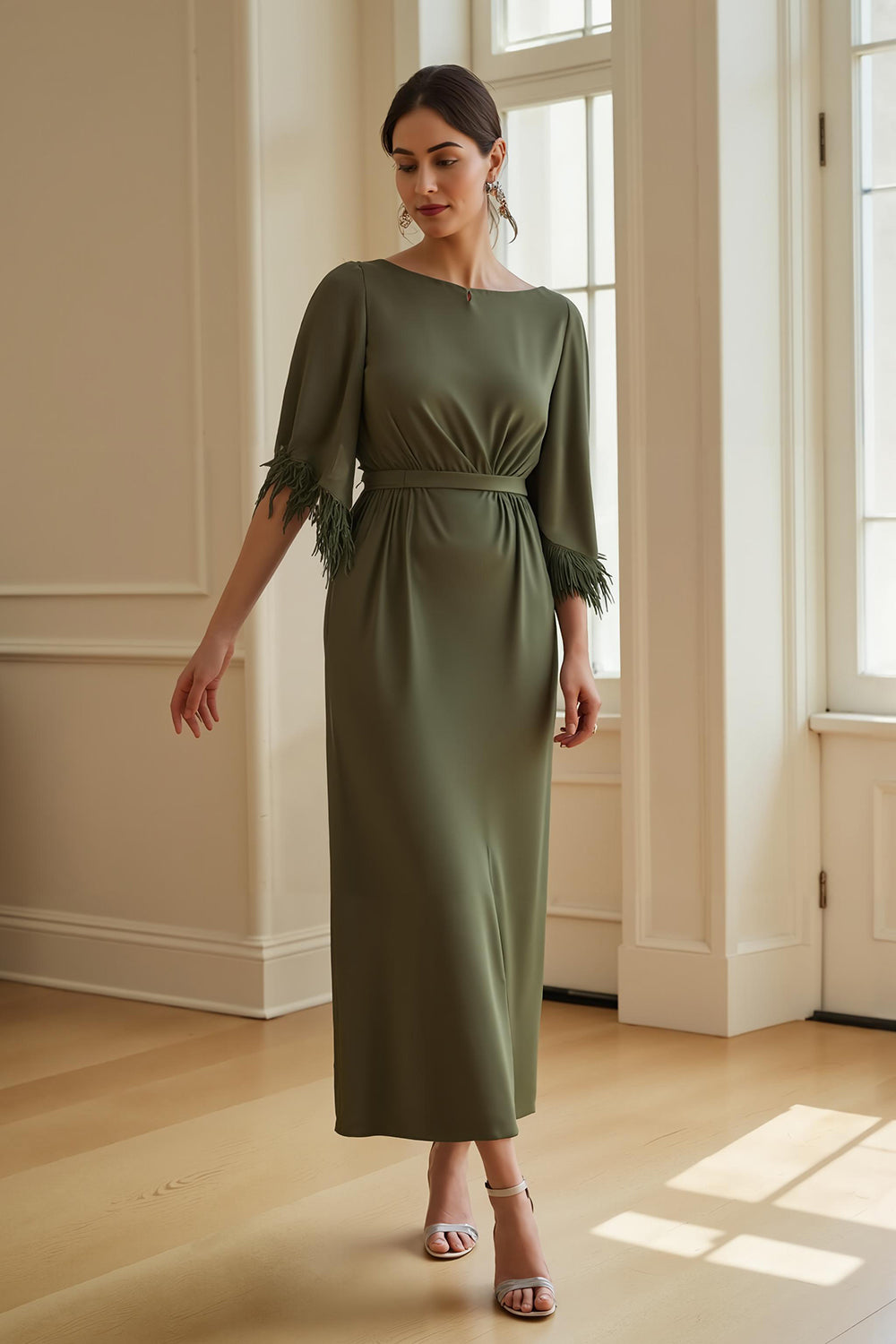 Olive Sheath Boat Neck Long Satin Wedding Guest Dress with Feathers