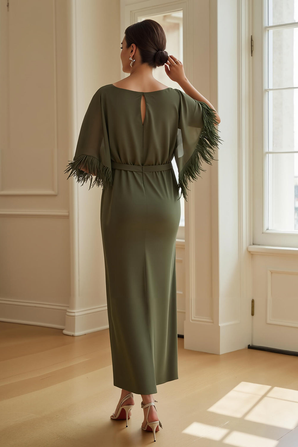 Olive Sheath Boat Neck Long Satin Wedding Guest Dress with Feathers