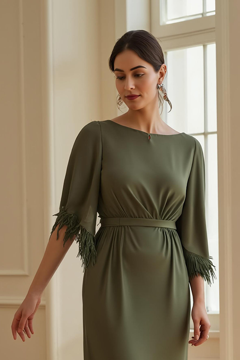 Olive Sheath Boat Neck Long Satin Wedding Guest Dress with Feathers
