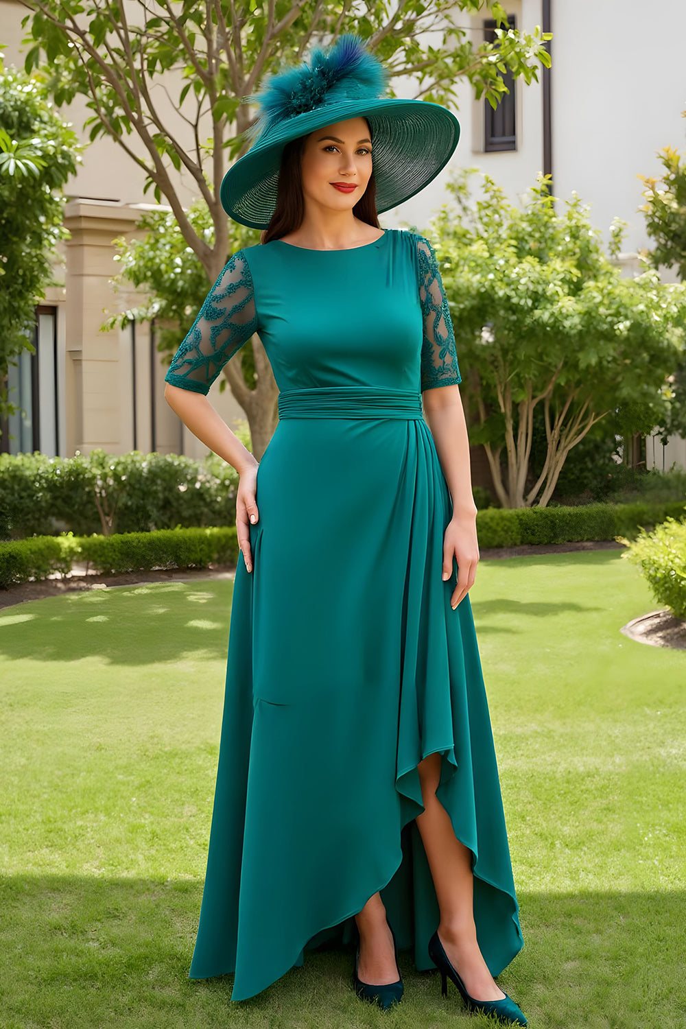 Pine Sheath Chiffon Boat Neck Asymmetrical Wedding Guest Dress with Sleeves
