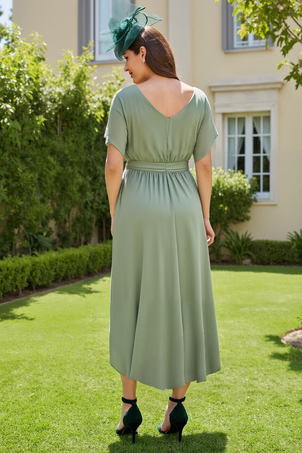 Eucalyptus Boat Neck Long Sheath Wedding Guest Dress with Sleeves