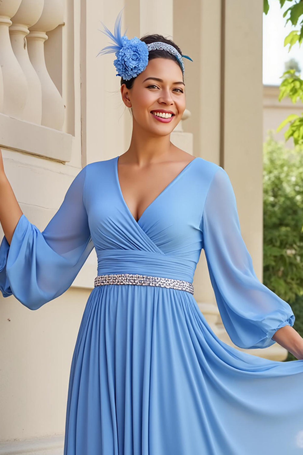 Light Blue A Line V-Neck Long Chiffon Wedding Guest Dress with Beading