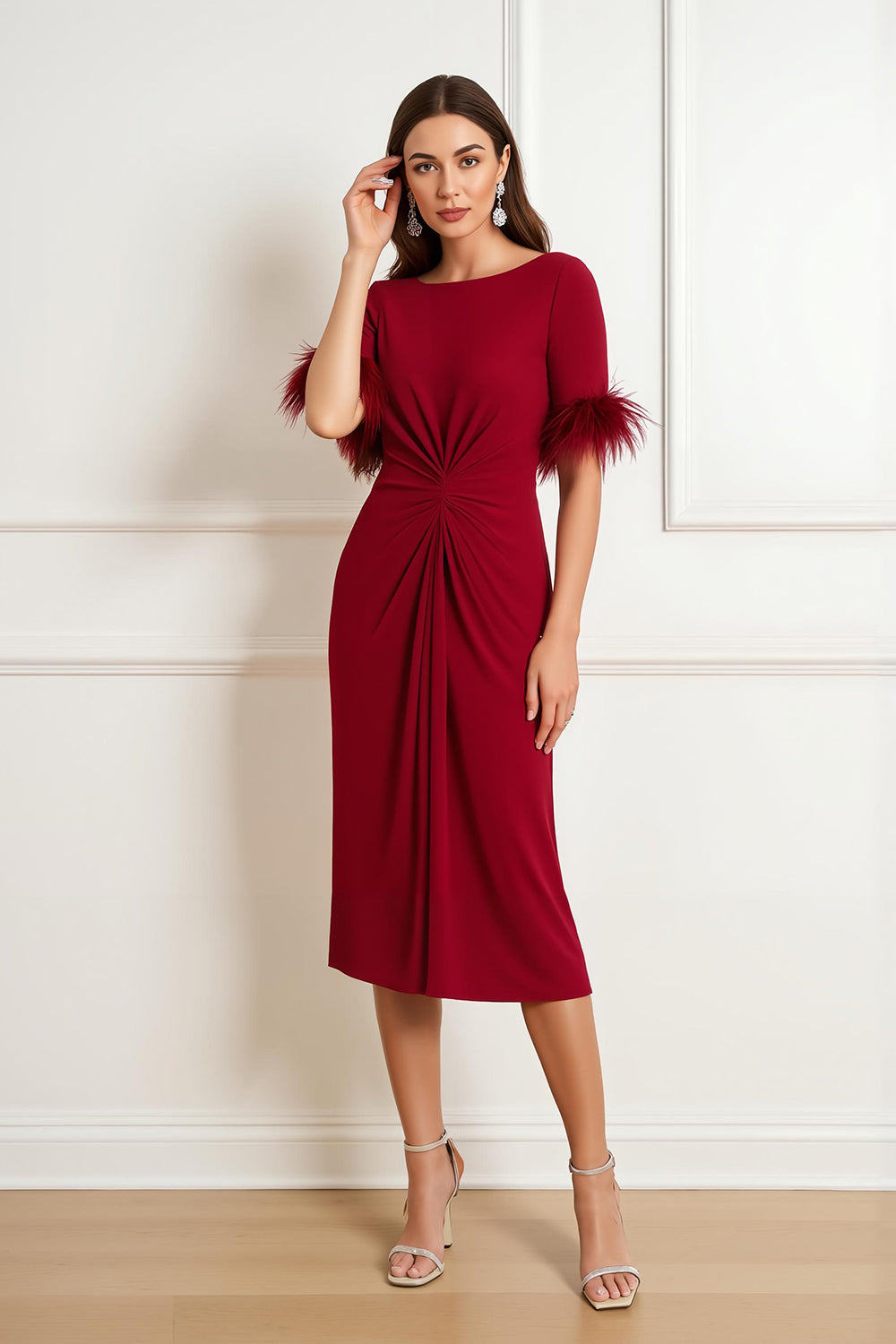 Dark Red Satin Sheath Ruched Midi Wedding Guest Dress with Feathers