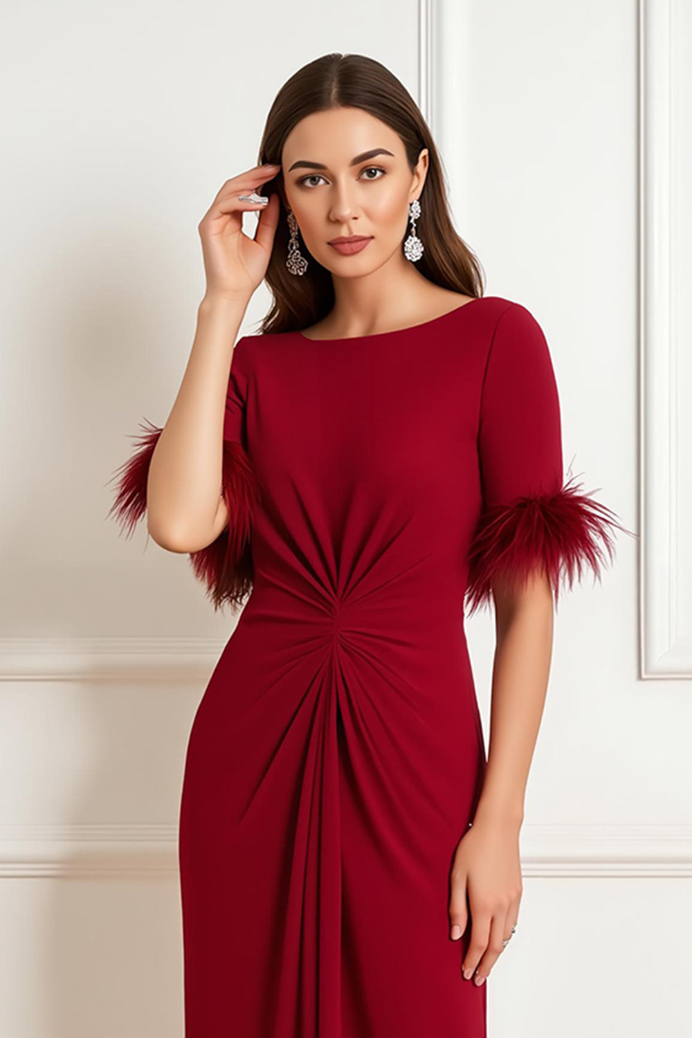 Dark Red Satin Sheath Ruched Midi Wedding Guest Dress with Feathers