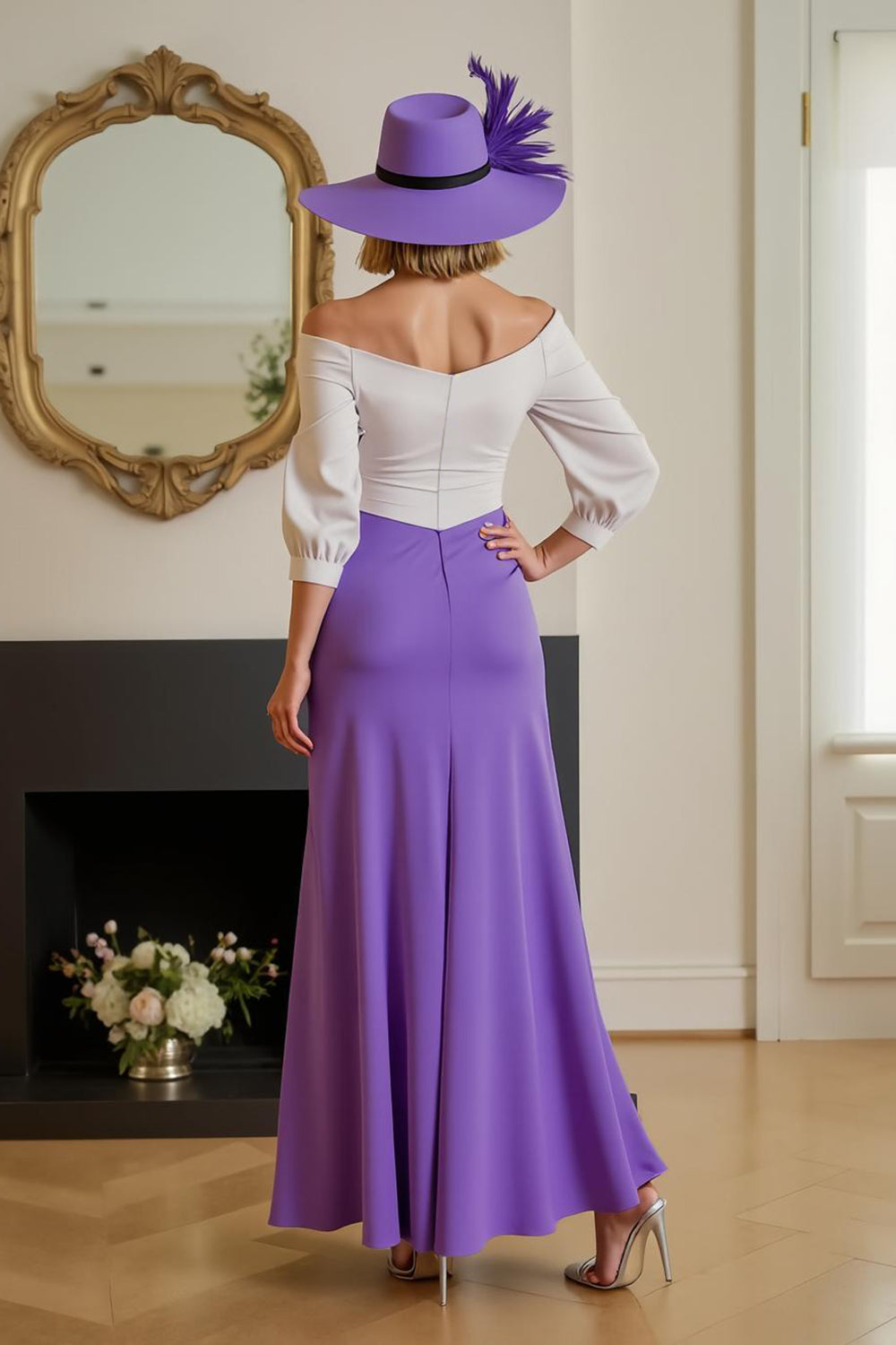 Purple Sheath Off the Shoulder Long Chiffon Wedding Guest Dress with Slit
