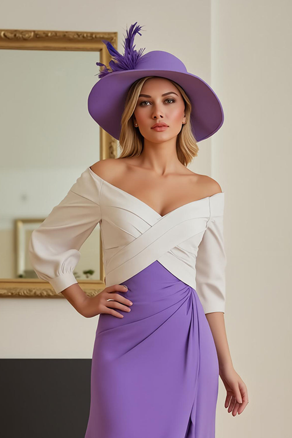 Purple Sheath Off the Shoulder Long Chiffon Wedding Guest Dress with Slit