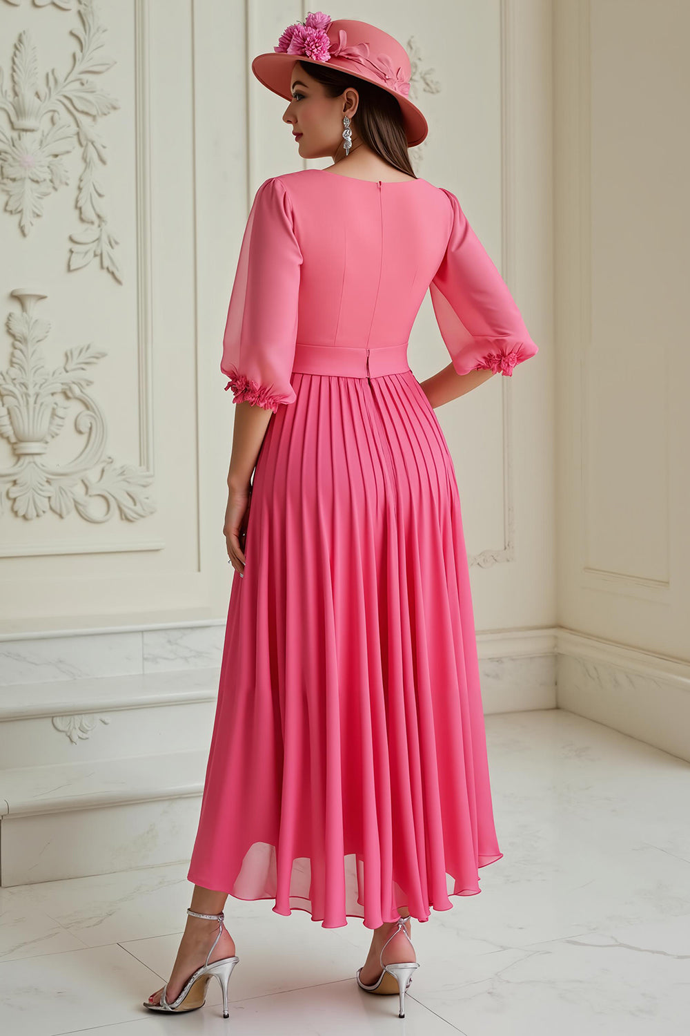 Hot Pink A Line Pleated Long Chiffon Wedding Guest Dress with Sleeves