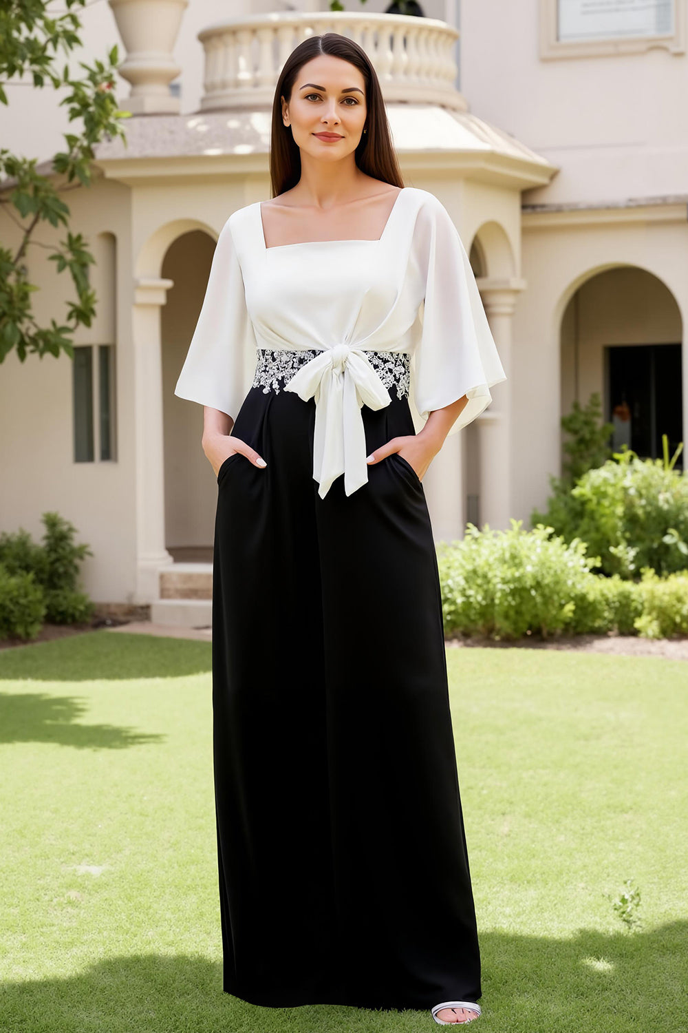 Elegant Black and White Sheath Long Chiffon Wedding Guest Dress with Bow
