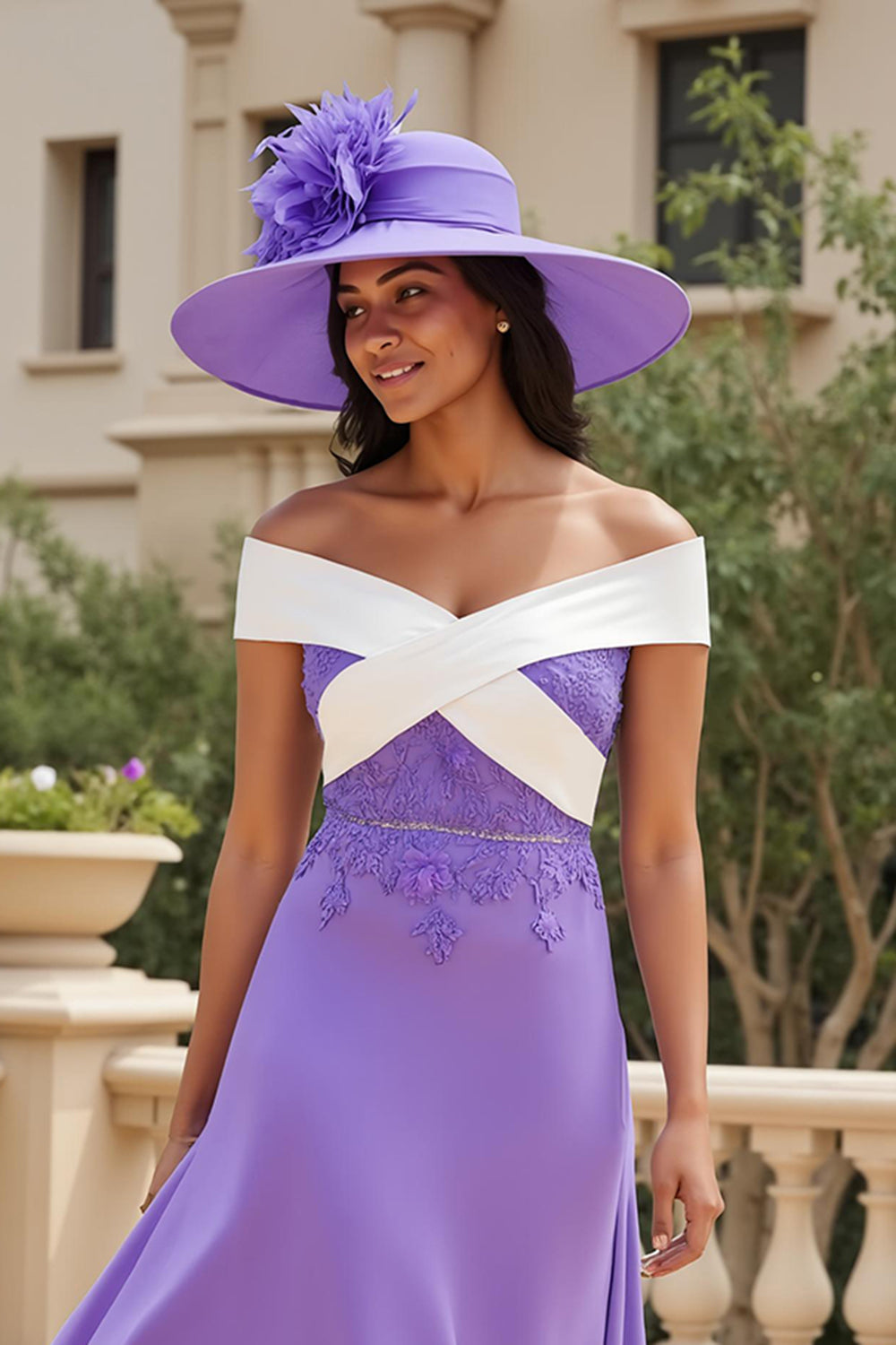 Purple Chiffon A Line Off the Shoulder Patchwork Long Wedding Guest Dress