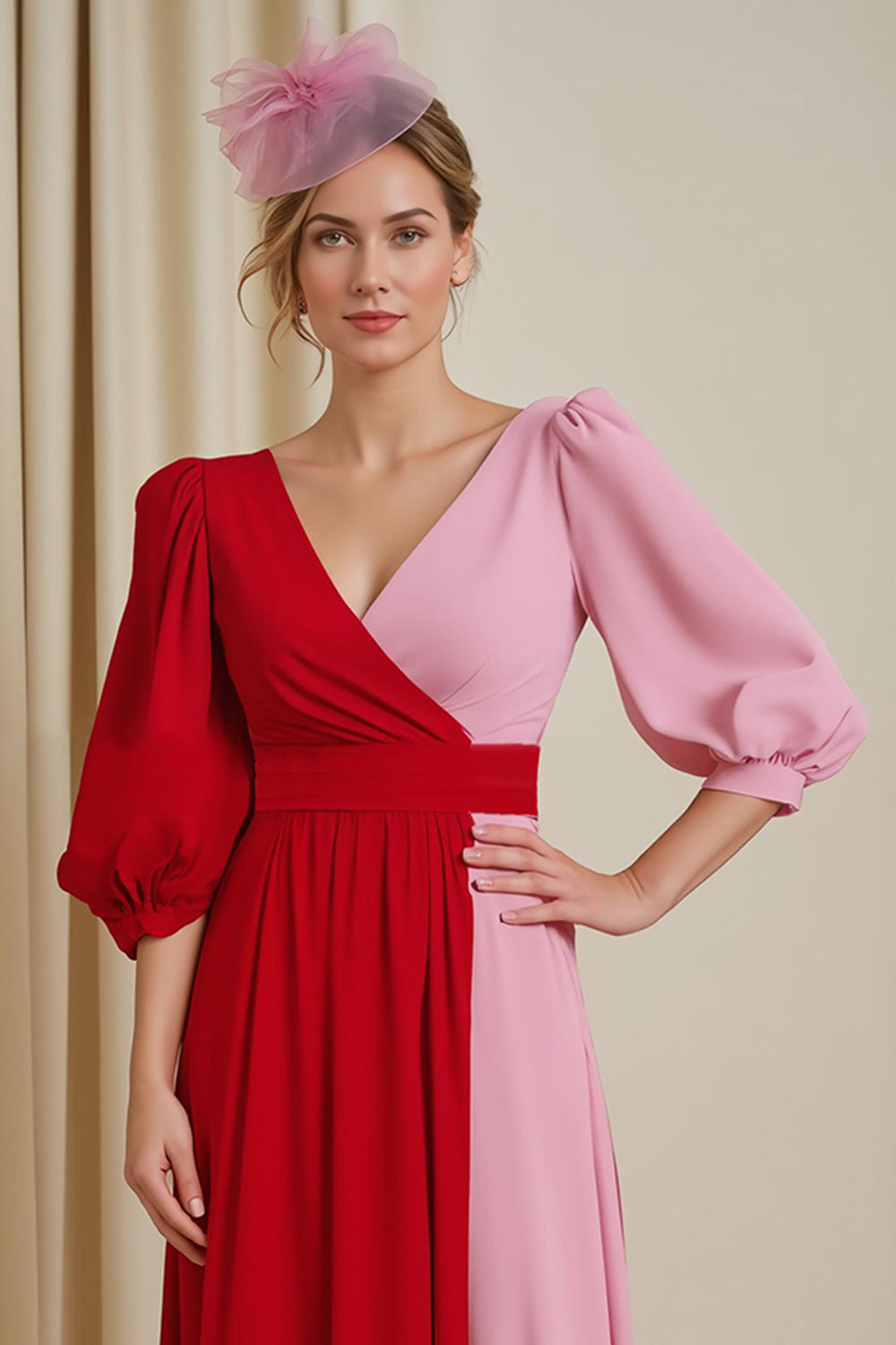 Red Chiffon A Line V-Neck Patchwork Long Wedding Guest Dress with Sleeves