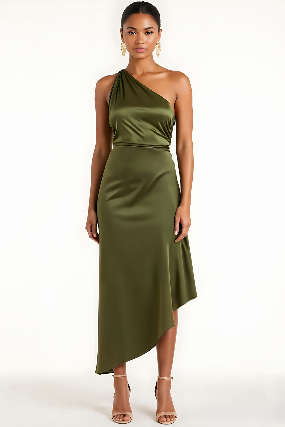 Olive Sheath One Shoulder Ruched Asymmetrical Satin Wedding Guest Dress