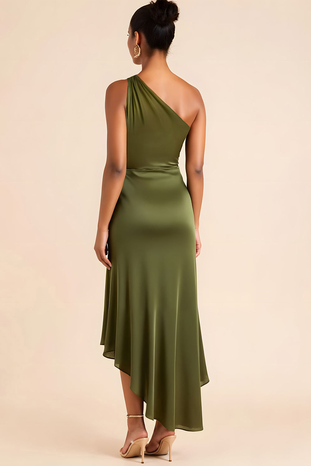 Olive Sheath One Shoulder Ruched Asymmetrical Satin Wedding Guest Dress