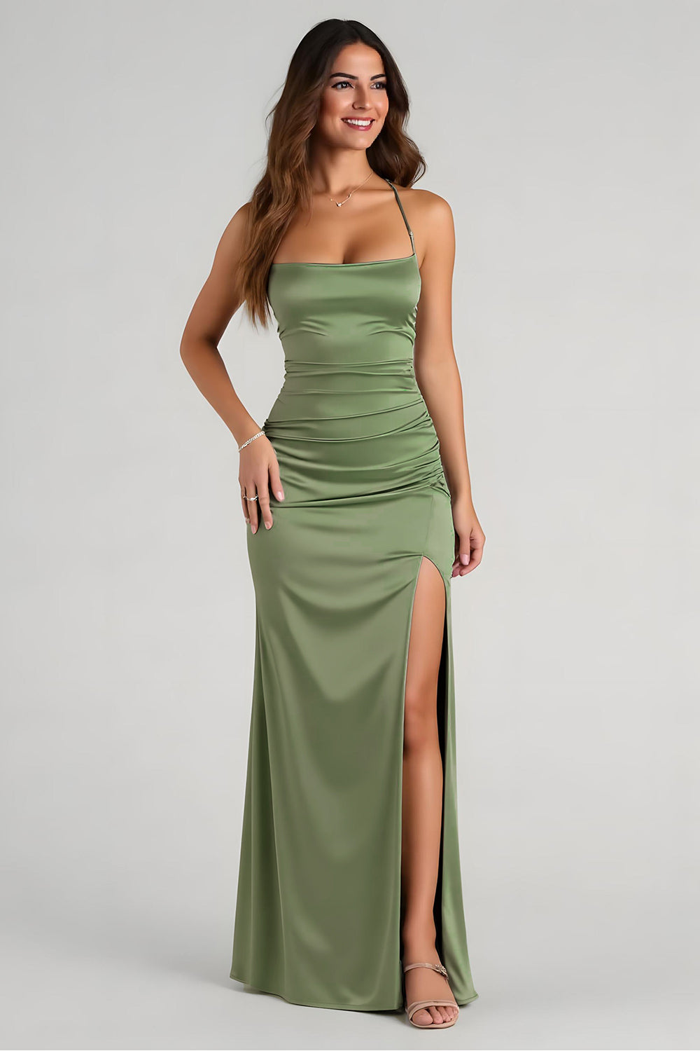 Eucalyptus Satin Backless Long Sheath Wedding Guest Dress with Slit