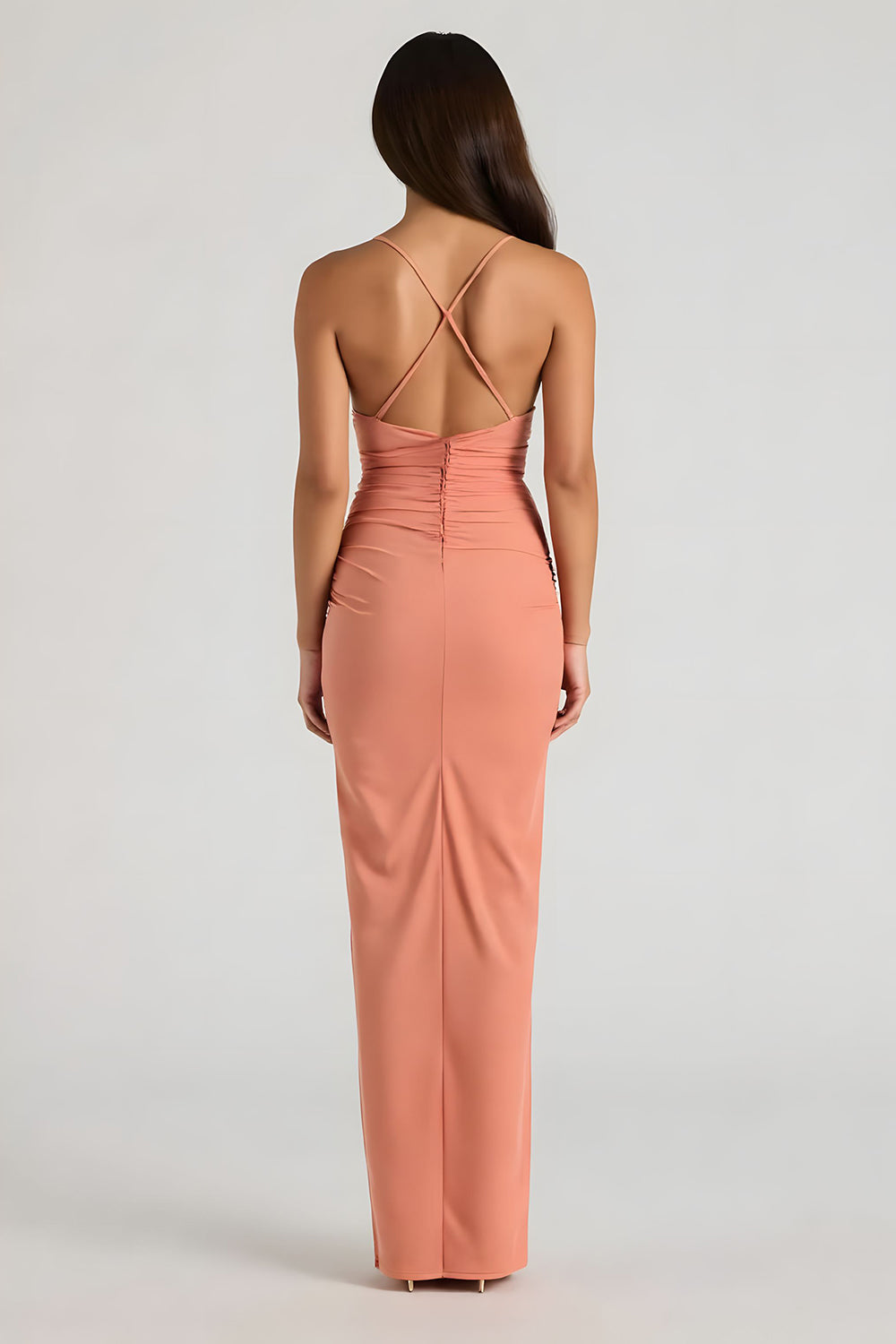 Sunset Spaghetti Straps Ruched Long Sheath Wedding Guest Dress with Slit