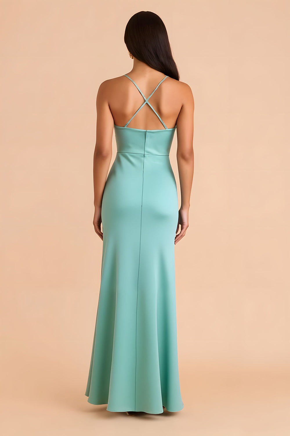 Mint Green Spaghetti Straps Long Sheath Wedding Guest Dress with Ruffles
