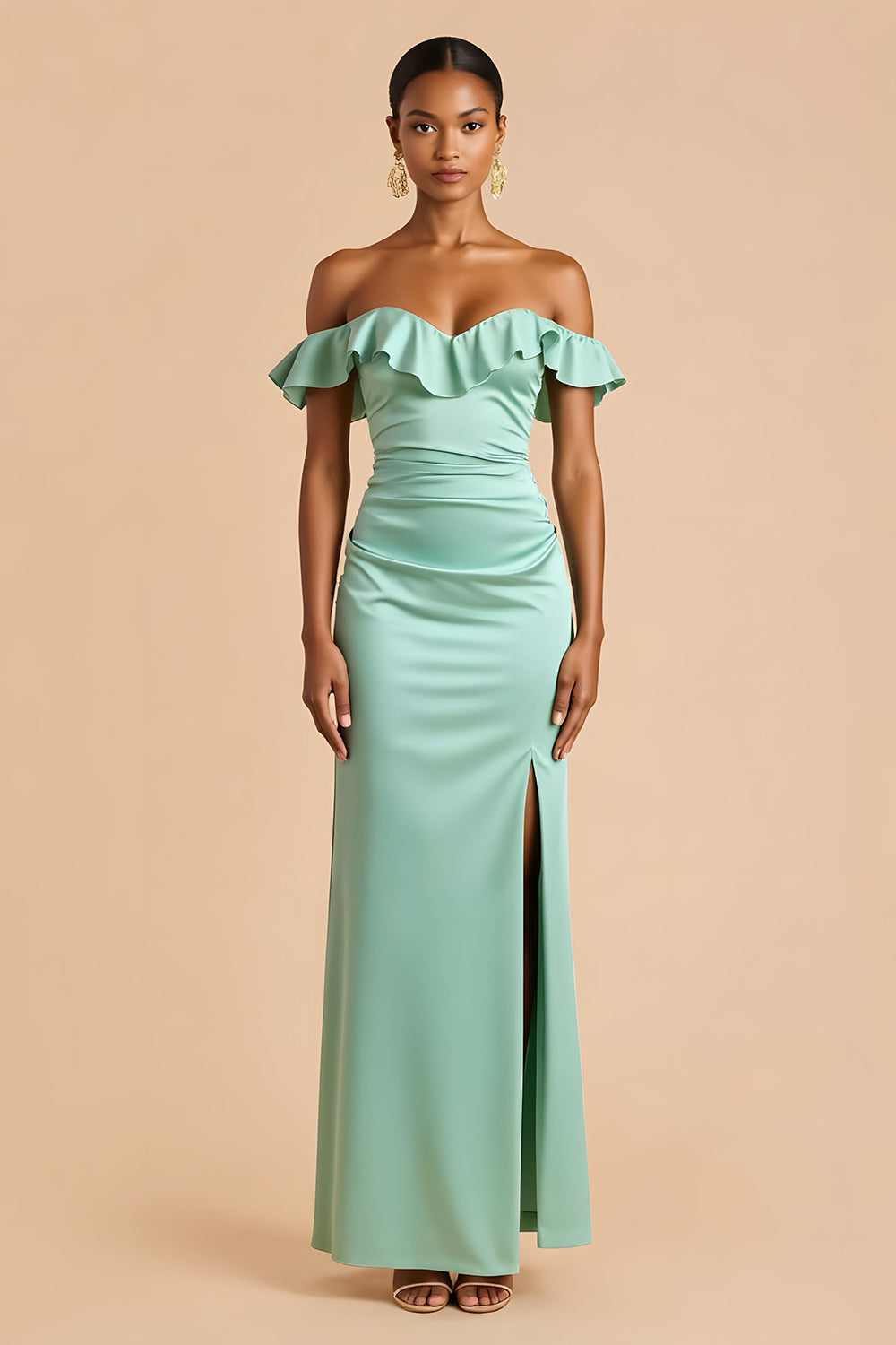 Mint Green Off the Shoulder Satin Long Ruffled Wedding Guest Dress with Slit