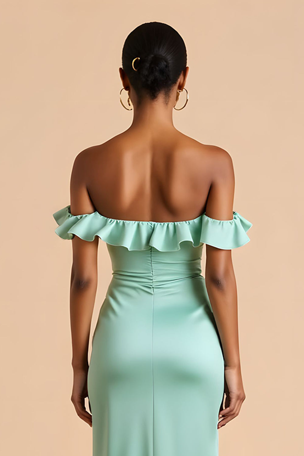 Mint Green Off the Shoulder Satin Long Ruffled Wedding Guest Dress with Slit
