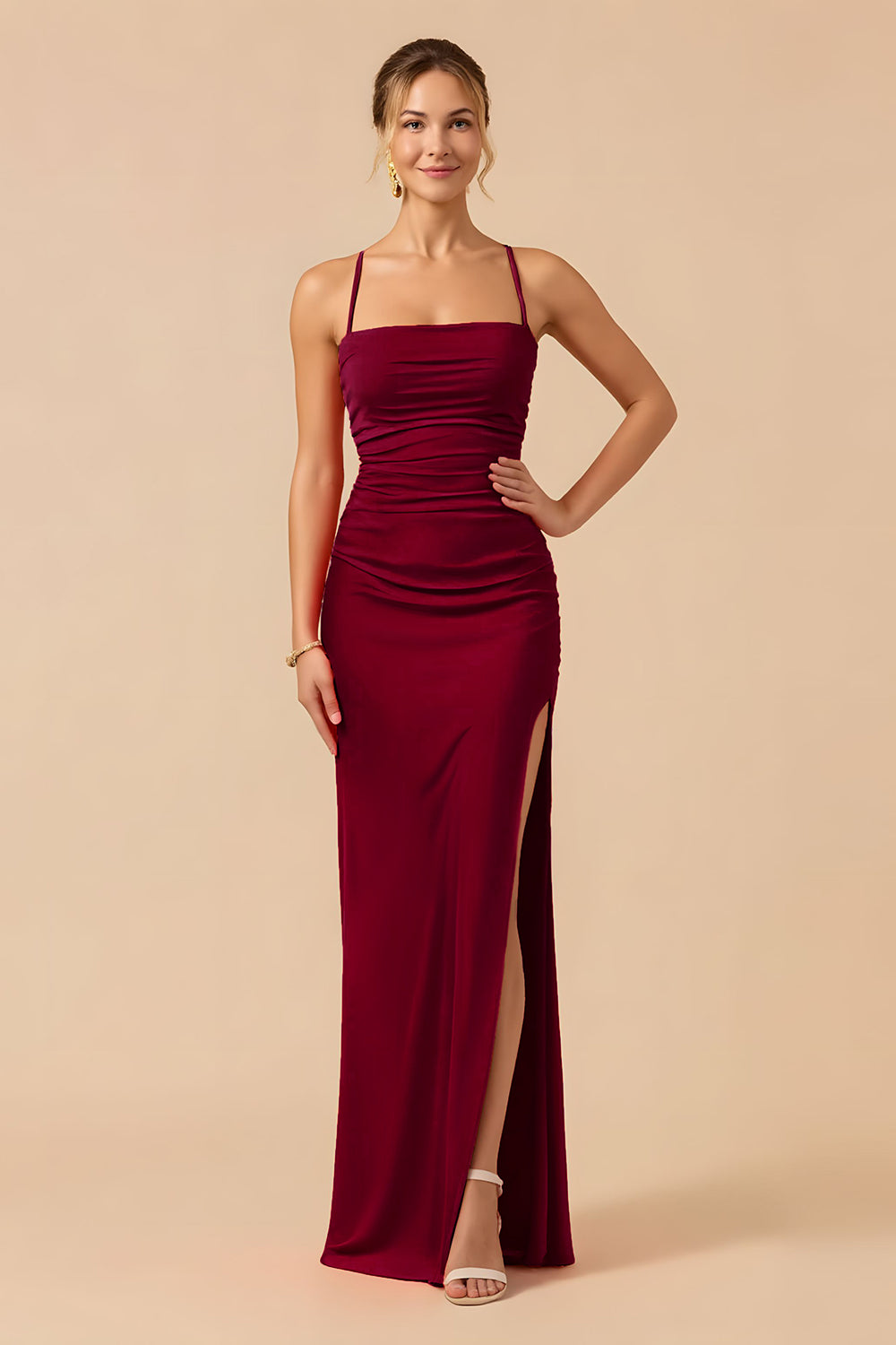 Burgundy Sheath Spaghetti Straps Long Wedding Guest Dress with Slit