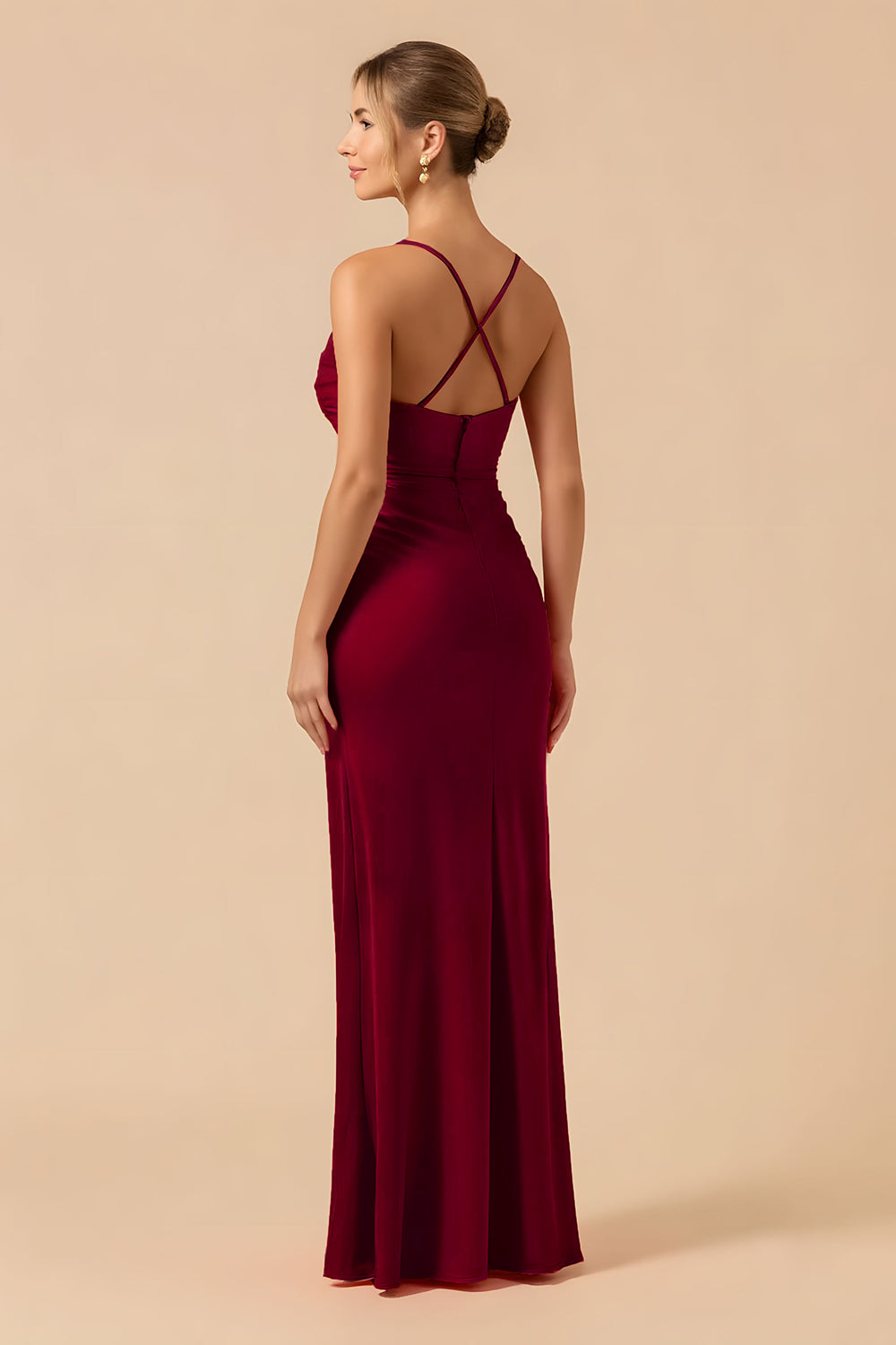 Burgundy Sheath Spaghetti Straps Long Wedding Guest Dress with Slit