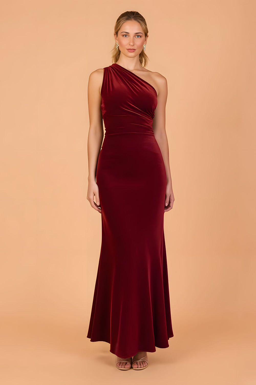 Burgundy One Shoulder Mermaid Ruched Long Velvet Wedding Guest Dress