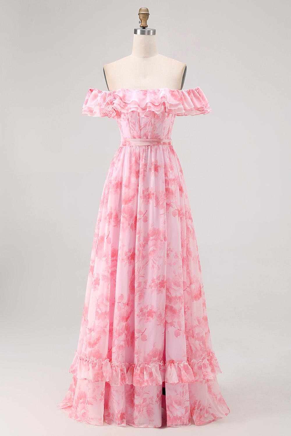 Floral Pink Chiffon Off the Shoulder A-Line Long Wedding Guest Dress with Ruffles