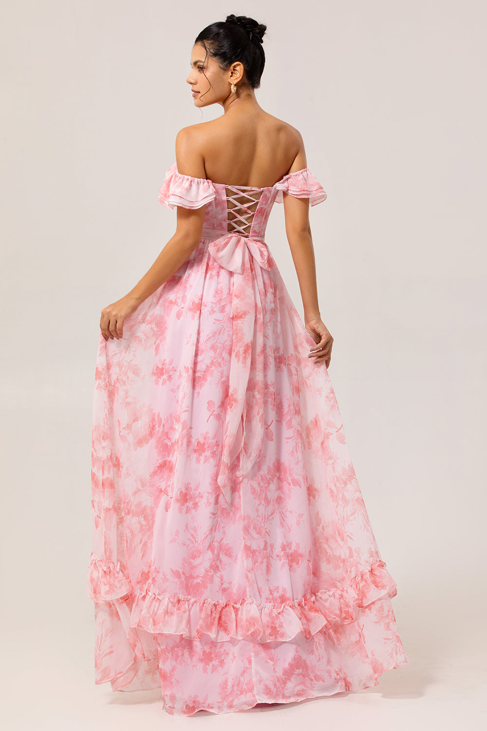 Floral Pink A Line Off the Shoulder Long Wedding Guest Dress with Slit