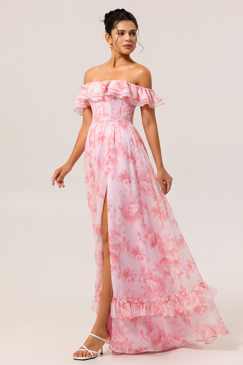 Floral Pink A Line Off the Shoulder Long Wedding Guest Dress with Slit