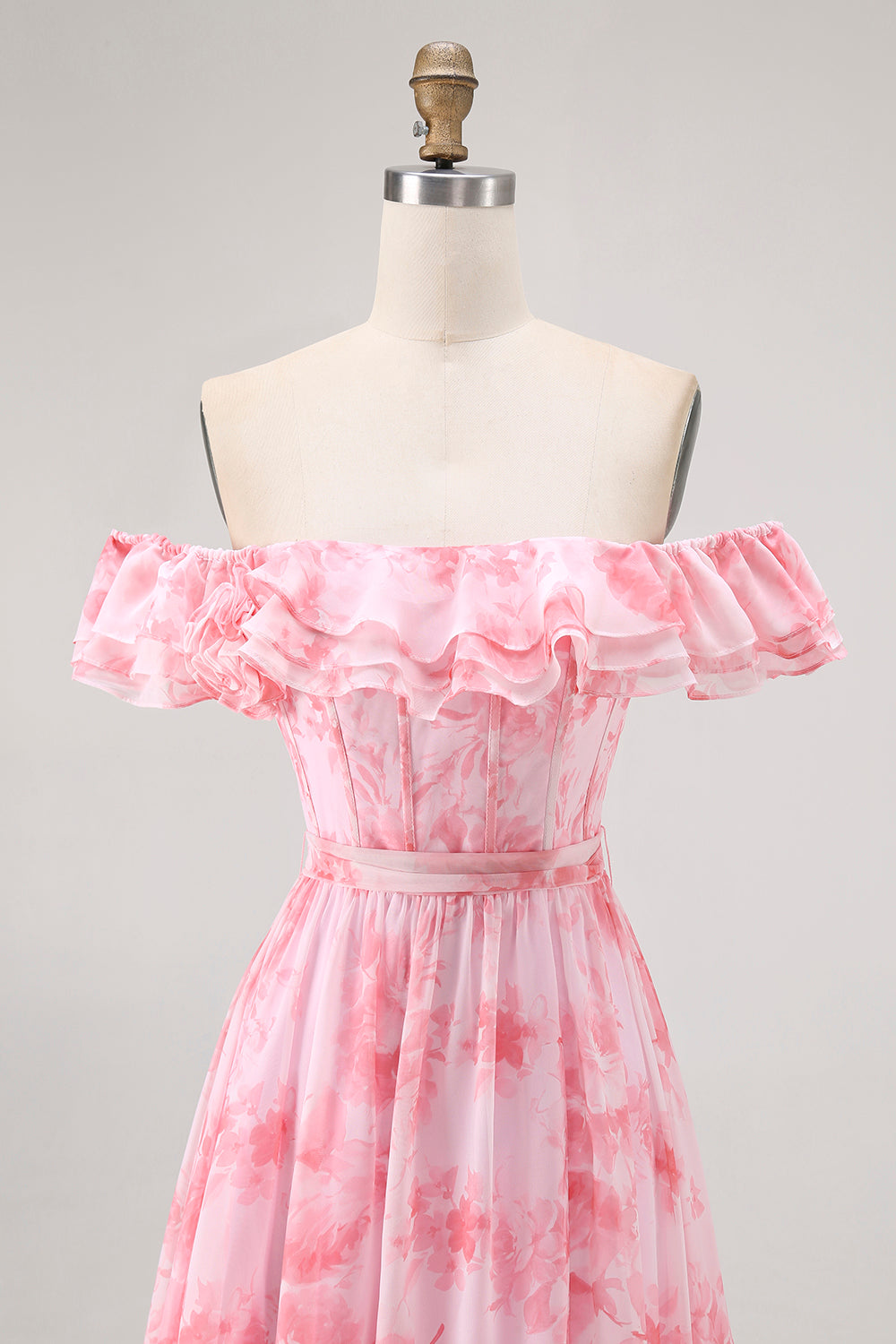 Floral Pink Chiffon Off the Shoulder A-Line Long Wedding Guest Dress with Ruffles