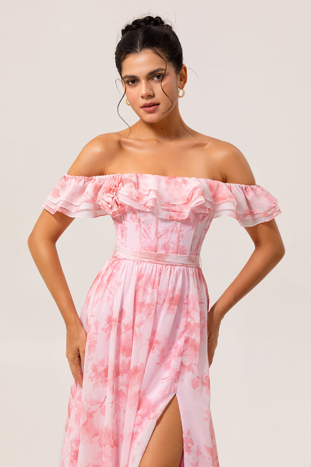 Floral Pink A Line Off the Shoulder Long Wedding Guest Dress with Slit