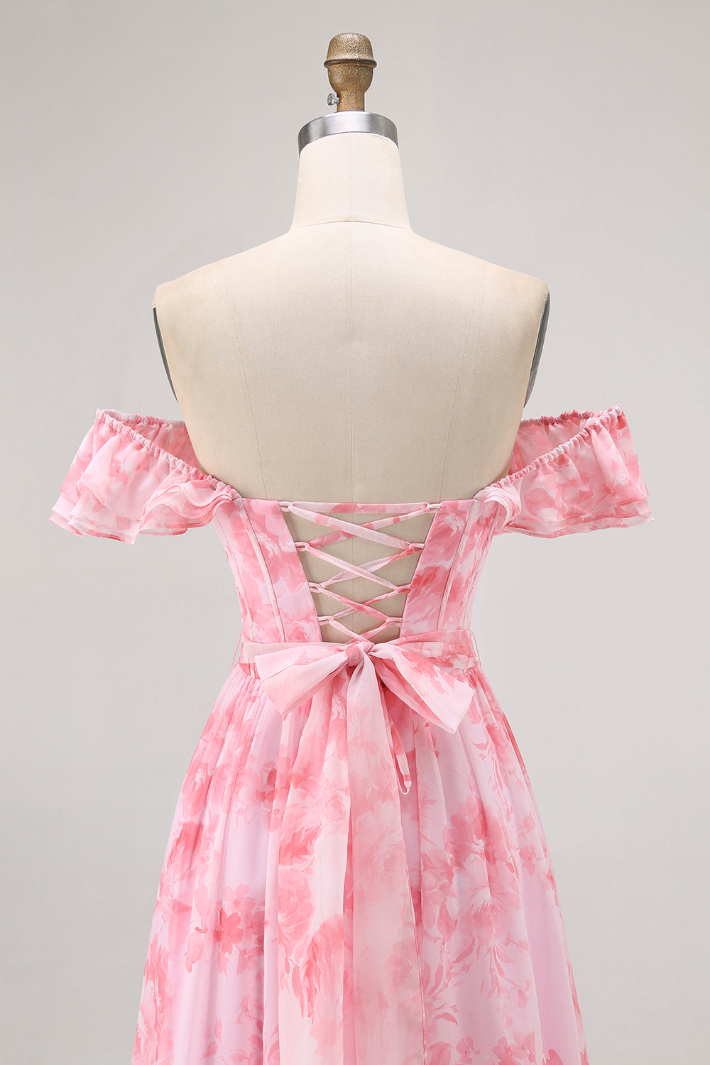 Floral Pink Chiffon Off the Shoulder A-Line Long Wedding Guest Dress with Ruffles