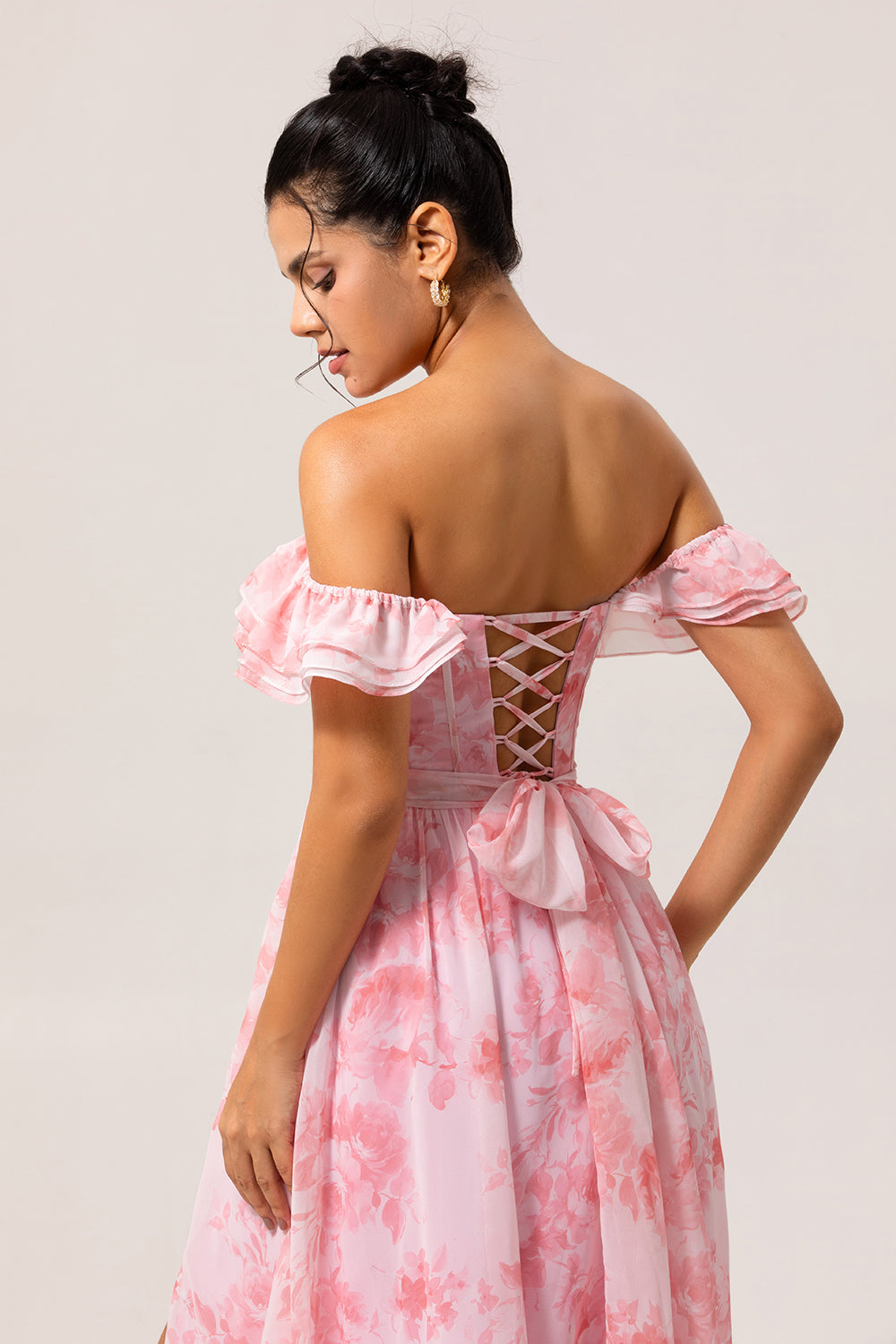 Floral Pink A Line Off the Shoulder Long Wedding Guest Dress with Slit