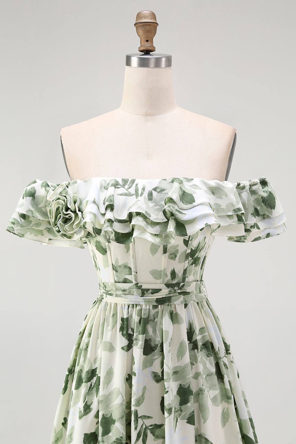 Floral Green Chiffon Off the Shoulder Long A-Line Wedding Guest Dress